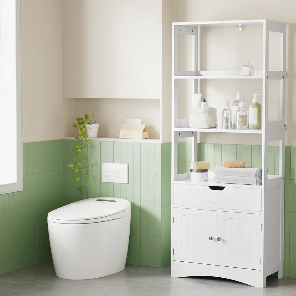 Artiss Bathroom Floor Storage Cabinet with 2 Drawers 3 Open Shelves 2 Doors Whit