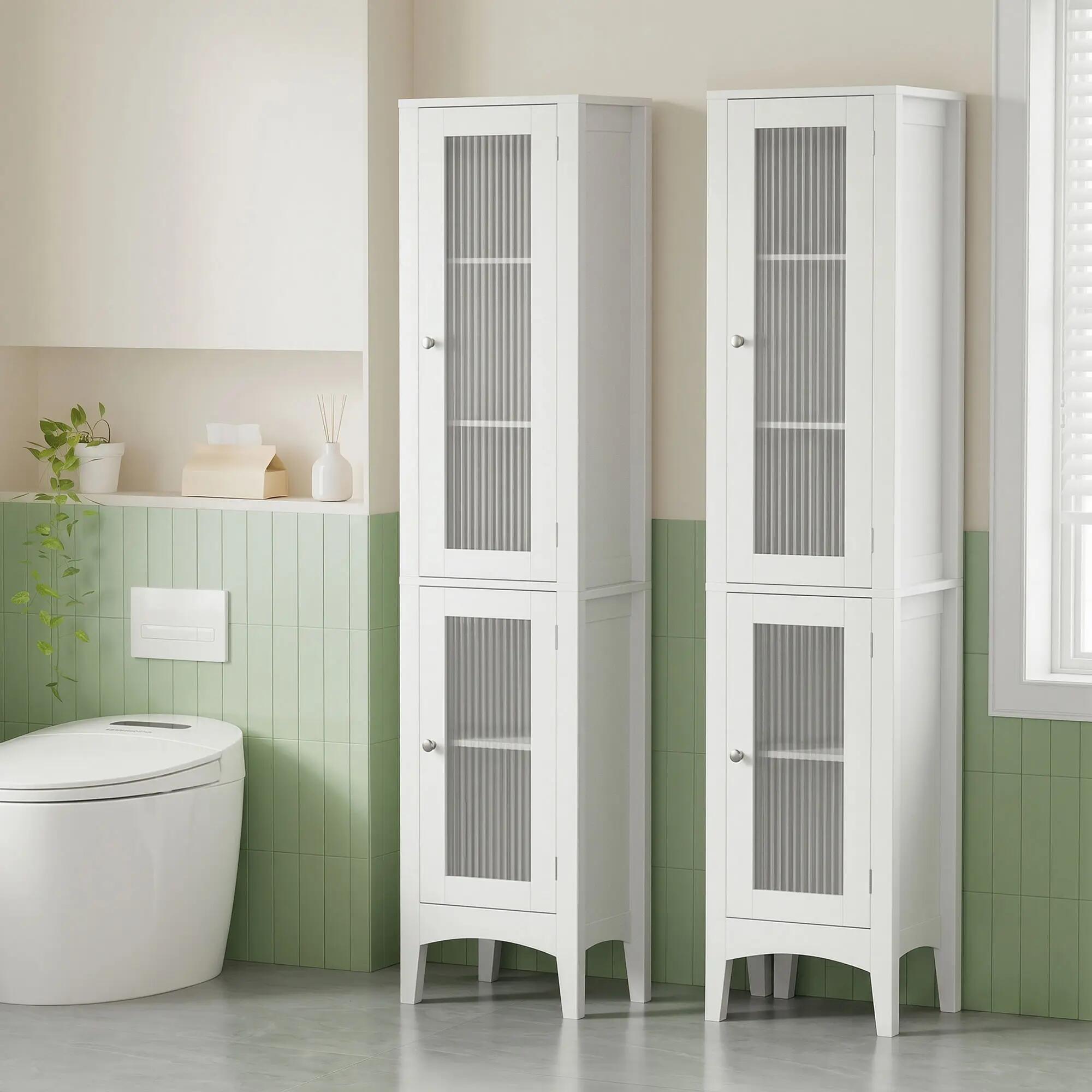 Artiss 2X Bathroom Storage Cabinet 160cm Tall Slim Floor Cupboard Toilet Glass D