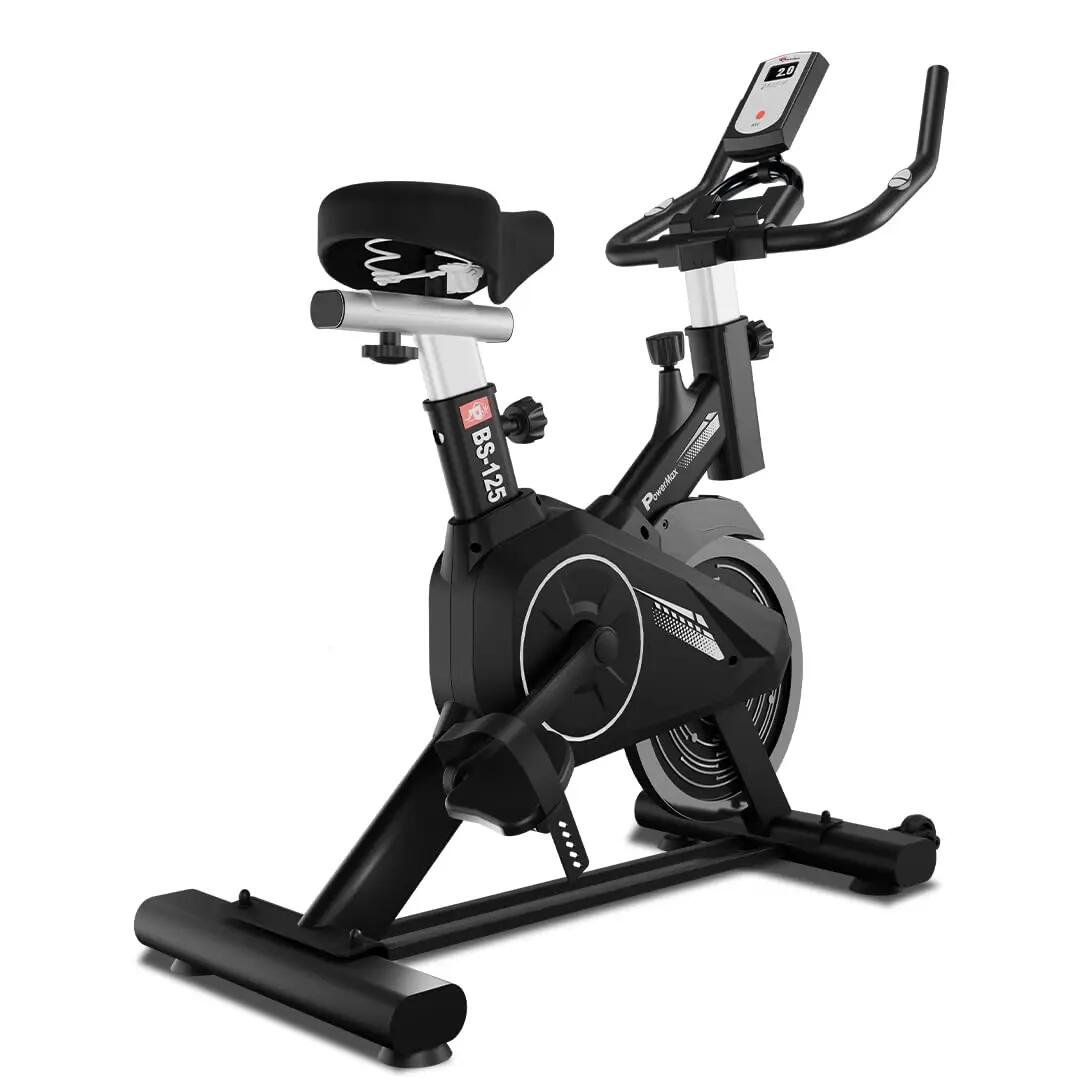 PowerMax Fitness BS-125 Spin Exercise Bike for Home use, 16mm 6Kg Flywheel, Max User Weight 130kg, LCD Display, 2pc Crank, Heart rate sensor, Knob braking, Adjustable foot strap and seat -  1