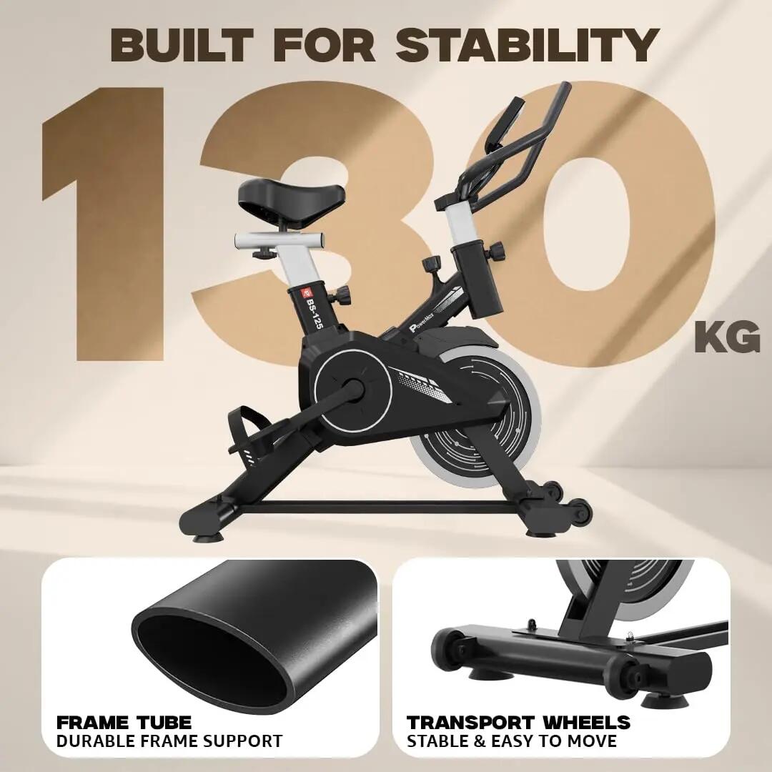 PowerMax Fitness BS-125 Spin Exercise Bike for Home use, 16mm 6Kg Flywheel, Max User Weight 130kg, LCD Display, 2pc Crank, Heart rate sensor, Knob braking, Adjustable foot strap and seat -  5