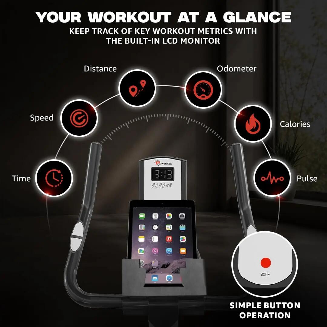 PowerMax Fitness BS-125 Spin Exercise Bike for Home use, 16mm 6Kg Flywheel, Max User Weight 130kg, LCD Display, 2pc Crank, Heart rate sensor, Knob braking, Adjustable foot strap and seat -  3