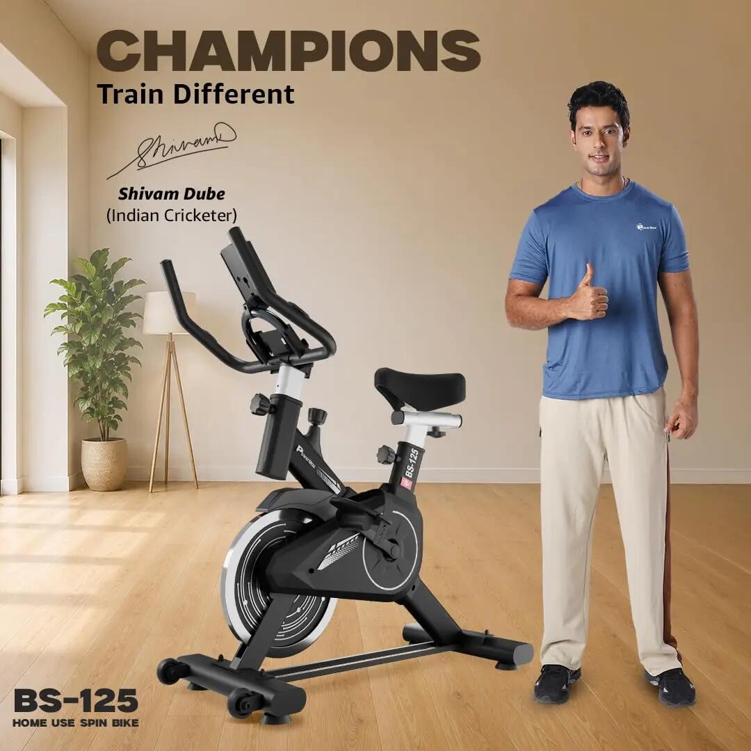 PowerMax Fitness BS-125 Spin Exercise Bike for Home use, 16mm 6Kg Flywheel, Max User Weight 130kg, LCD Display, 2pc Crank, Heart rate sensor, Knob braking, Adjustable foot strap and seat -  2