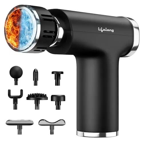 Lifelong LLGM945 Percussion Massage Gun for Pain Relief, Deep Tissue Full Body Massager with 9 Heads & Speeds, Cold & Hot Compress Alloy Head, USB Type-C Charging, Cordless Brushless Motor (Black) -  1