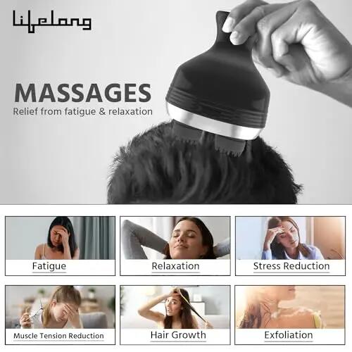 Lifelong LLM765 Rechargeable Head and Full Body Pain Relief Massager, Electric Kneading Massager With 4 Speed Modes, Handheld Portable Scalp Scratcher for Hair Growth, Deep Clean & Relaxation, Black -  5