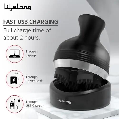 Lifelong LLM765 Rechargeable Head and Full Body Pain Relief Massager, Electric Kneading Massager With 4 Speed Modes, Handheld Portable Scalp Scratcher for Hair Growth, Deep Clean & Relaxation, Black -  4