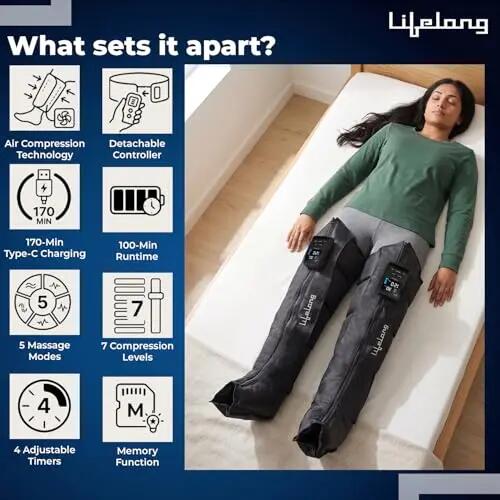 Lifelong Air Compression Leg & Foot Massager Machine for Pain Relief | 4000mAh Cordless Feet Massager with 240mmHg Pressure & 5Air Chambers | 2 Controllers, 7Intensities, 5Modes for Muscle Relaxation -  4