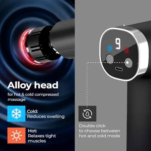 Lifelong LLGM945 Percussion Massage Gun for Pain Relief, Deep Tissue Full Body Massager with 9 Heads & Speeds, Cold & Hot Compress Alloy Head, USB Type-C Charging, Cordless Brushless Motor (Black) -  3