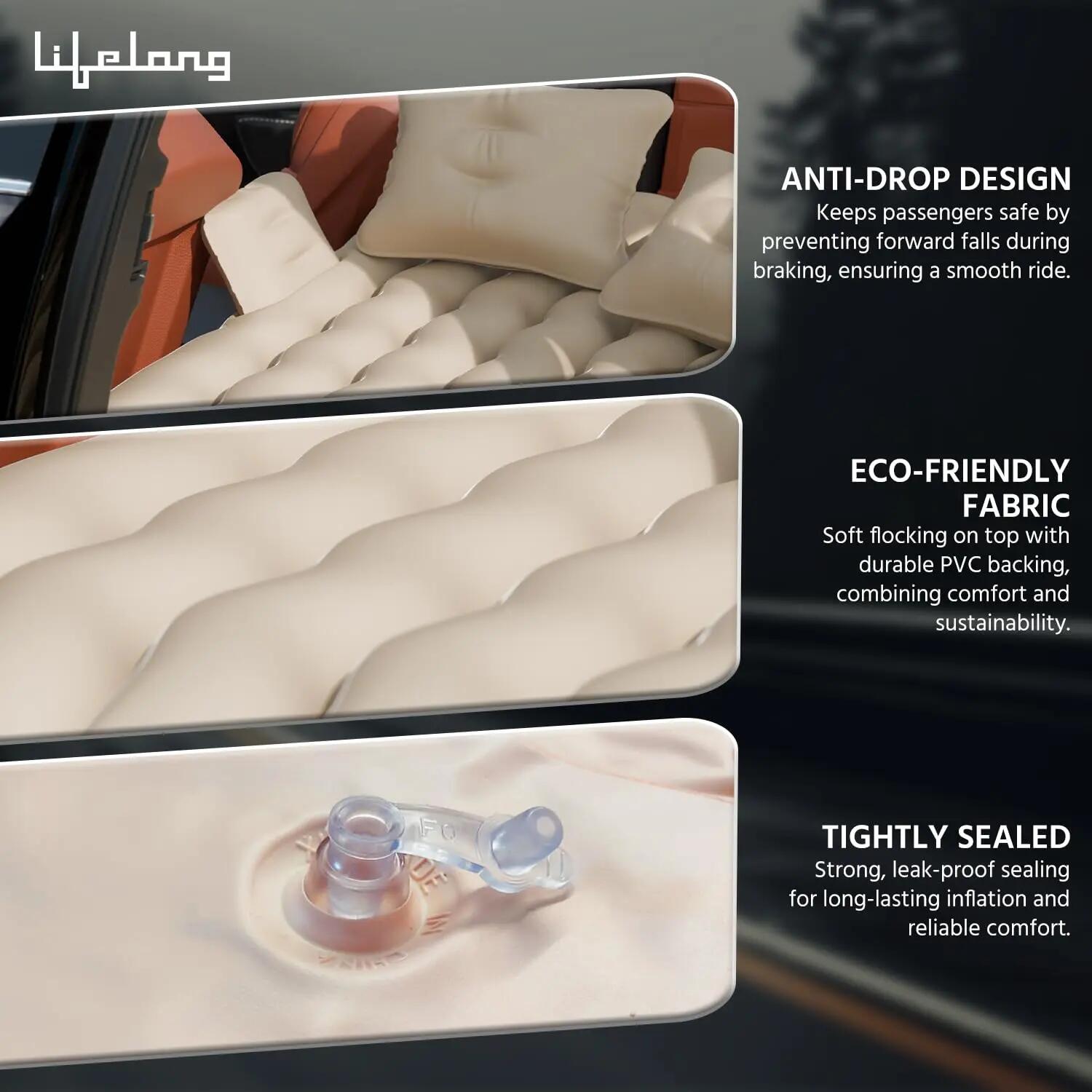 Lifelong Inflatable Mattress with Pump & 2 Air Pillows – Back Seat Travel Mattress, Portable & Compact for Camping, Road Trips, Adults & Kids (Beige) -  4