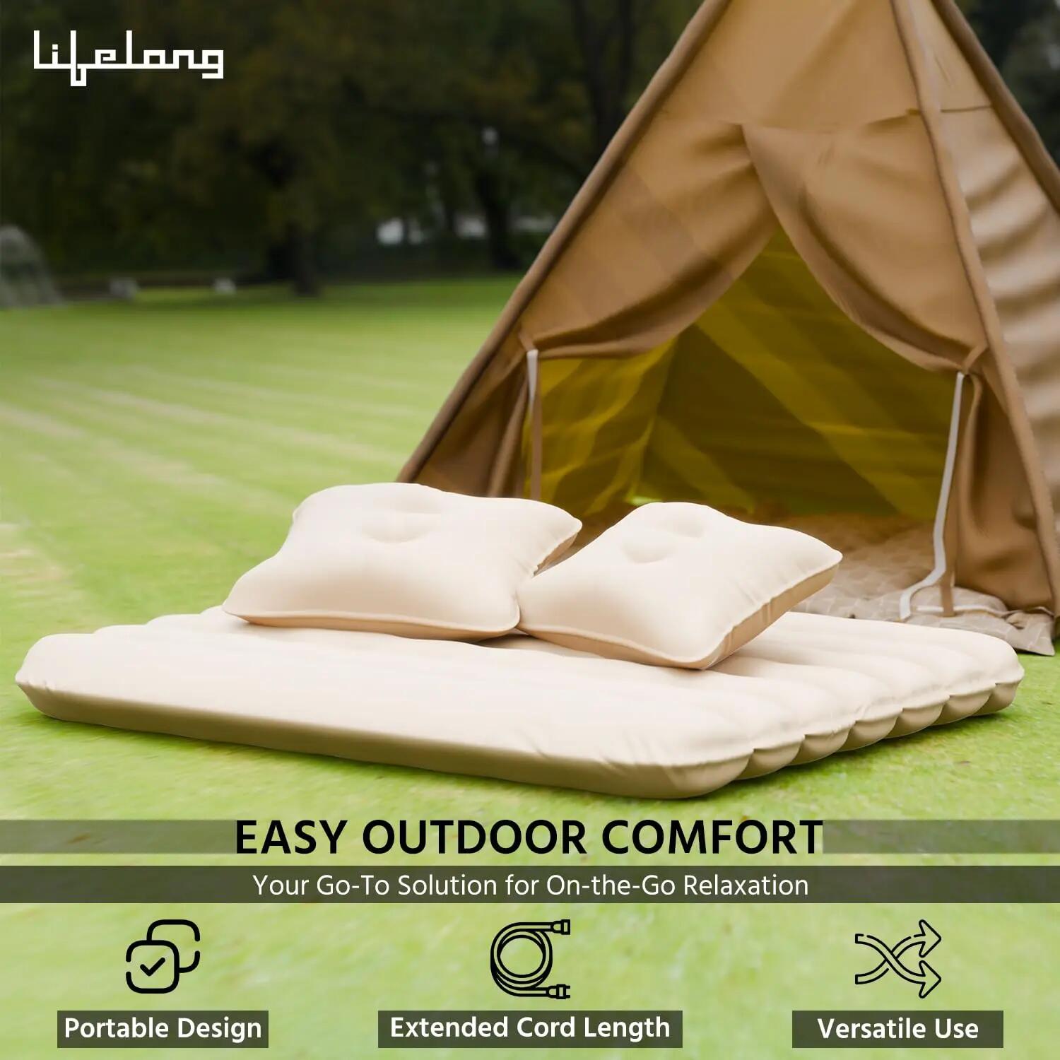 Lifelong Inflatable Mattress with Pump & 2 Air Pillows – Back Seat Travel Mattress, Portable & Compact for Camping, Road Trips, Adults & Kids (Beige) -  3