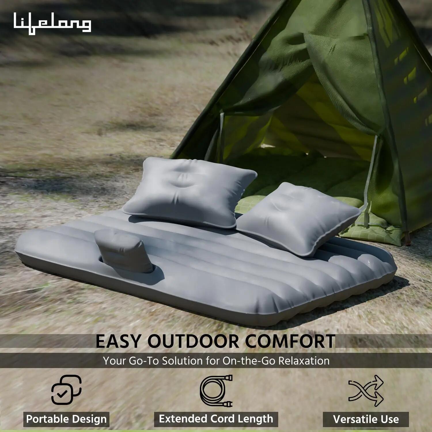 Lifelong Inflatable Mattress with Pump & 2 Air Pillows – Quick Back Seat Inflatable, Portable & Compact for Camping, Road Trips, Adults & Kids (Light Grey) -  3