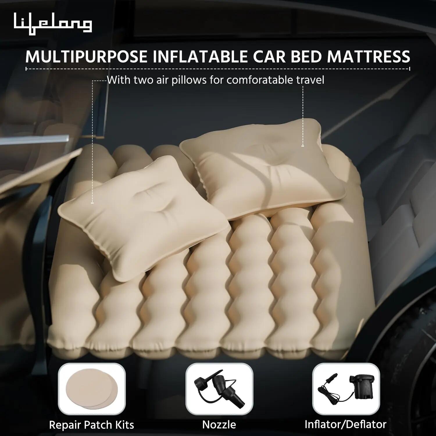 Lifelong Inflatable Mattress with Pump & 2 Air Pillows – Back Seat Travel Mattress, Portable & Compact for Camping, Road Trips, Adults & Kids (Beige) -  2
