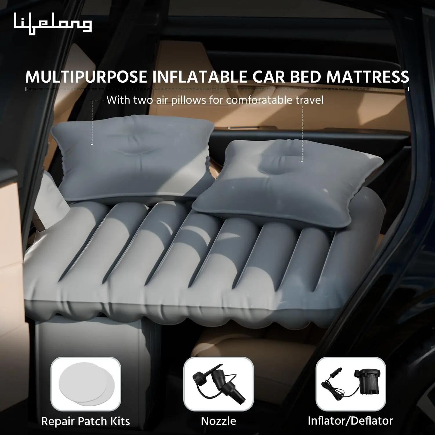 Lifelong Inflatable Mattress with Pump & 2 Air Pillows – Quick Back Seat Inflatable, Portable & Compact for Camping, Road Trips, Adults & Kids (Light Grey) -  2