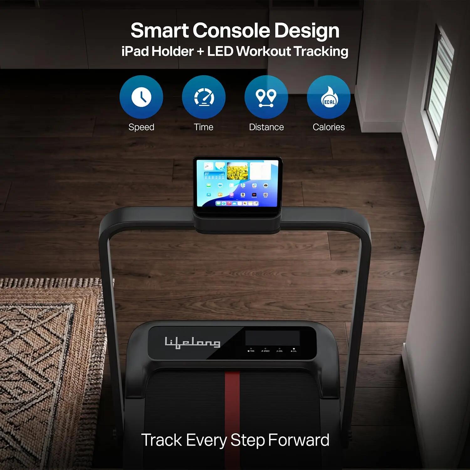 Lifelong 4 HP Motorized Treadmill for Home|2-Level Manual Incline |Speed1-10 km/h |LED Display|12 Workout Programs |100 kg Capacity |Gym Equipment for Home Workout| Foldable Handle| iPad & Phone Stand -  4