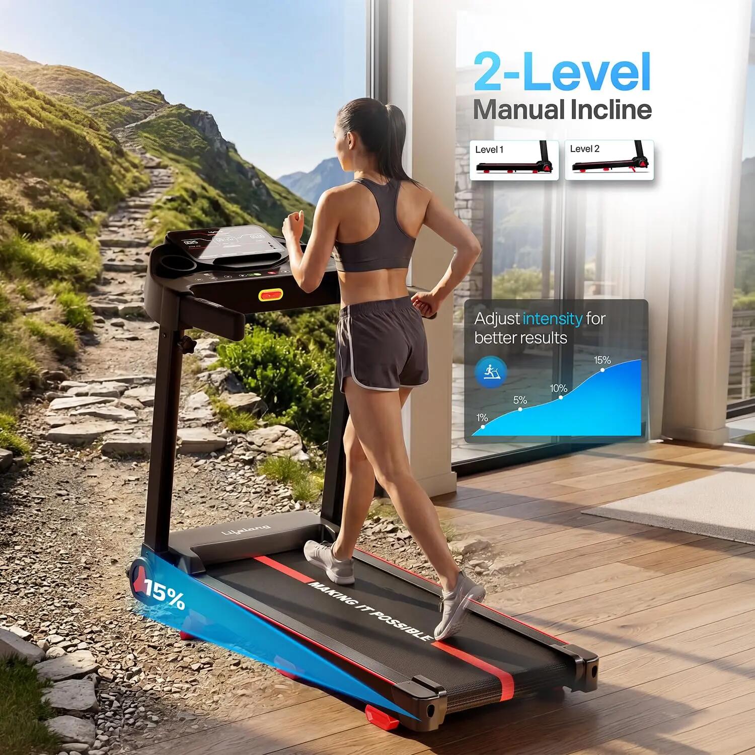 Lifelong 4.5HP Motorized Treadmill for Home | Manual Incline 2 Level | Foldable Handle | Max Speed 14 km/h | | LED Display | 12 Workout Programs |110 kg Capacity| Ideal Gym Equipment for Home Workout -  4