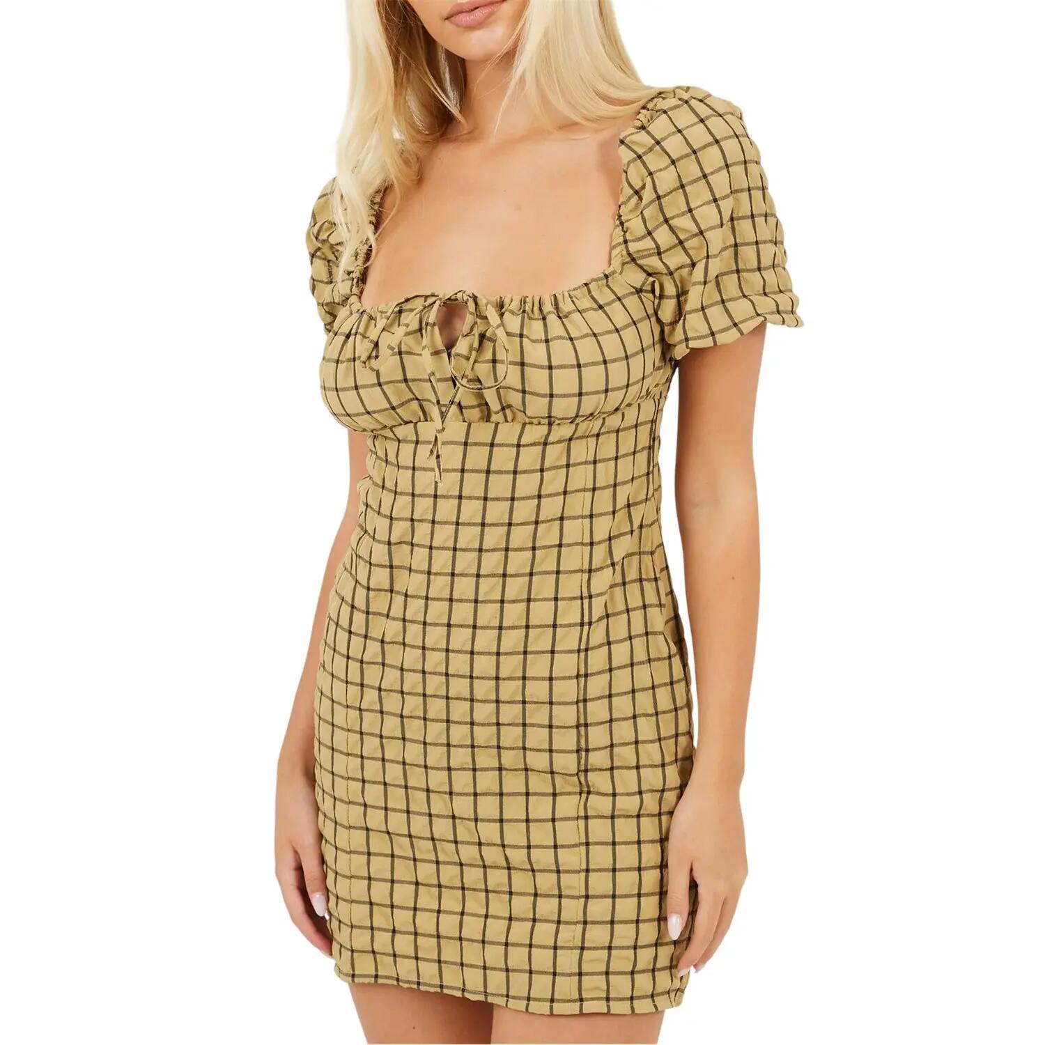 Brave Soul Womens/Ladies Checked Square Neck Puff Sleeve Mini Dress