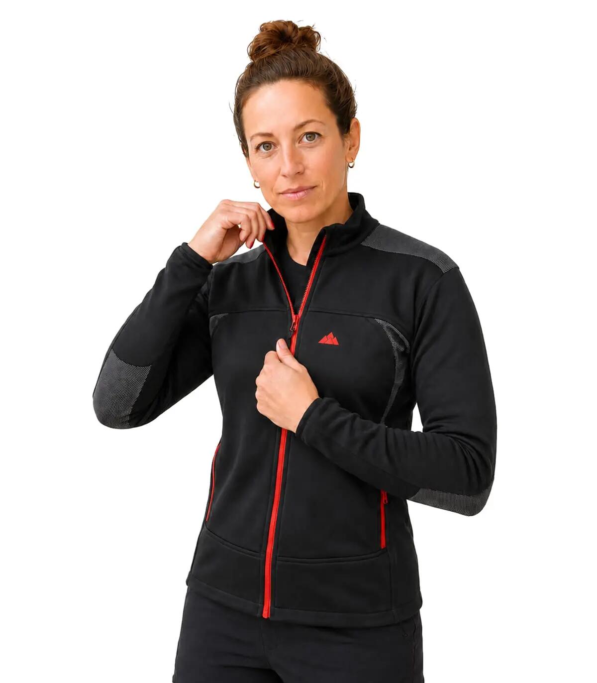 Casaco Polar Banff Alpinismo Mulher Elástico Transpirável Preto-Vermelho 3/5