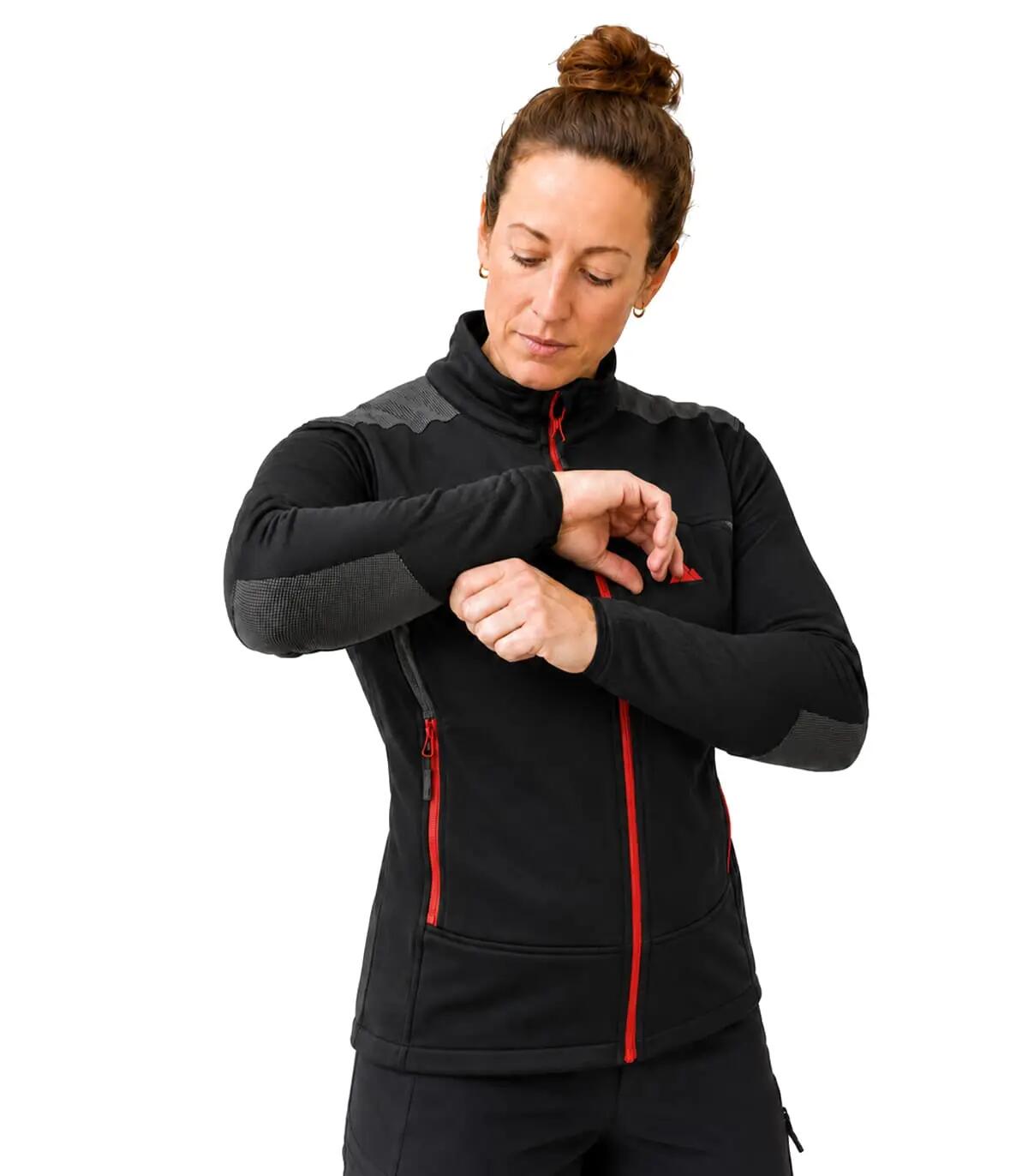 Casaco Polar Banff Alpinismo Mulher Elástico Transpirável Preto-Vermelho 2/5