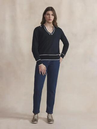 Polo manches longues - femme - boutonné, bleu marine