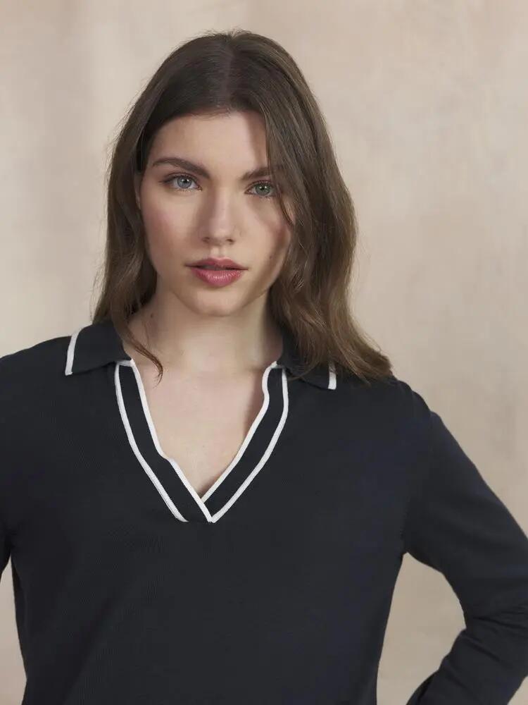 Polo long - Femme - Col polo boutonné - Bleu marine 3/5