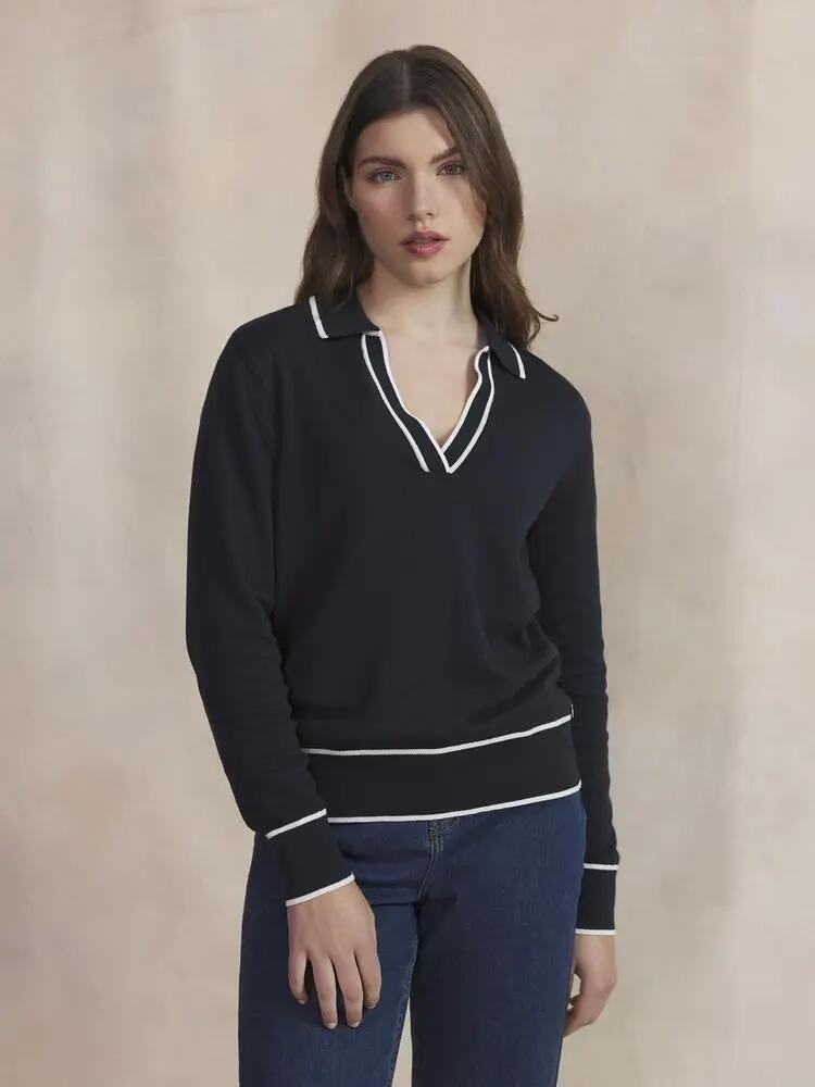 Polo long - Femme - Col polo boutonné - Bleu marine 2/5