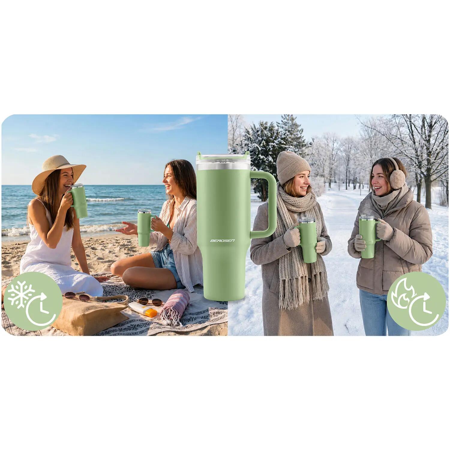 Kubek termiczny Berdsen zielony 1180ml stal nierdzewna + zestaw słomek 9/12