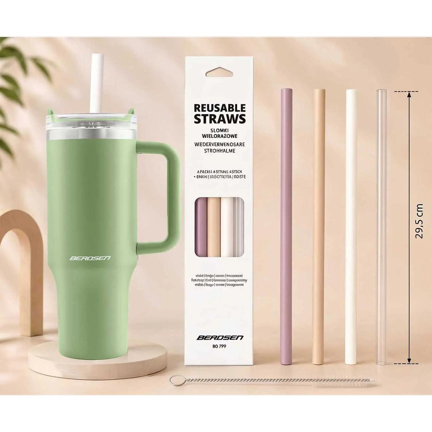Kubek termiczny Berdsen zielony 1180ml stal nierdzewna + zestaw słomek 11/12