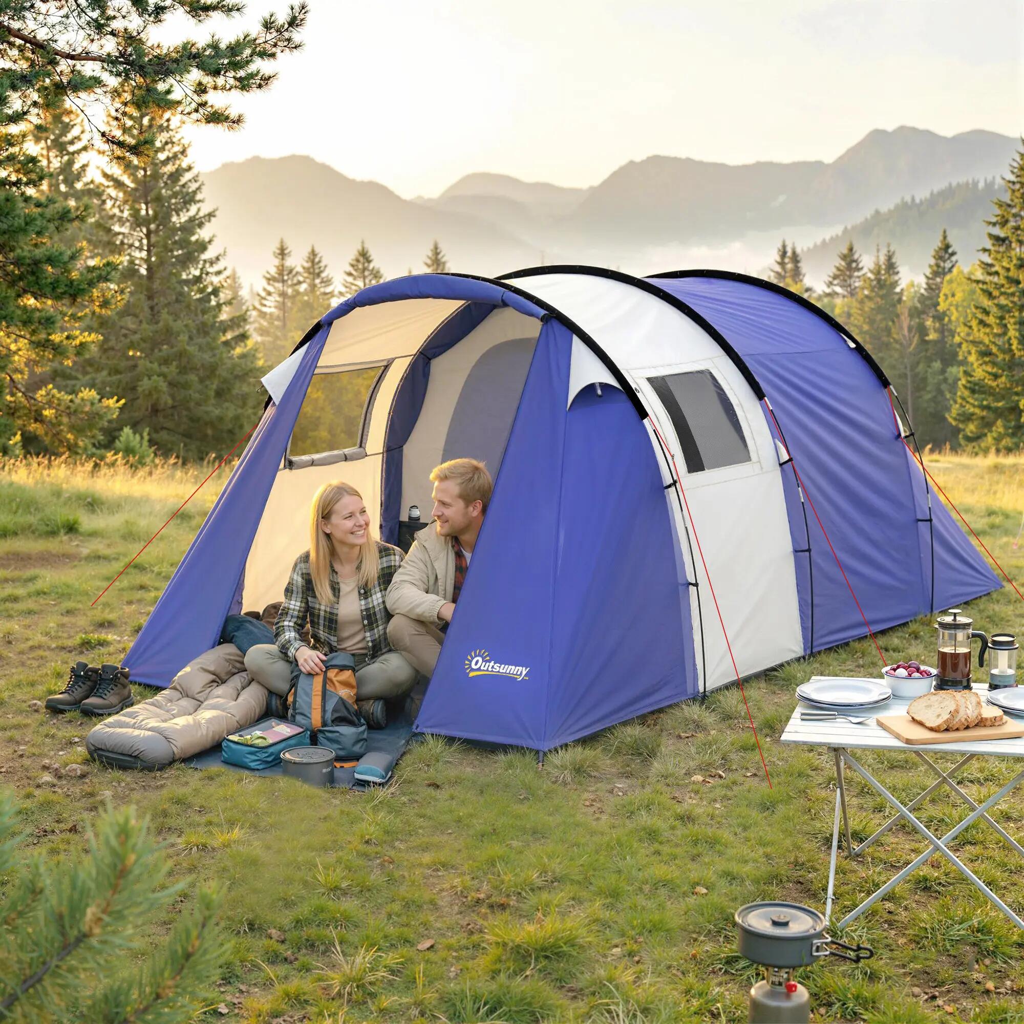 Tente de camping 4 places 2 chambres tunnel imperméable 3000 mm - Bleu foncé 3/6