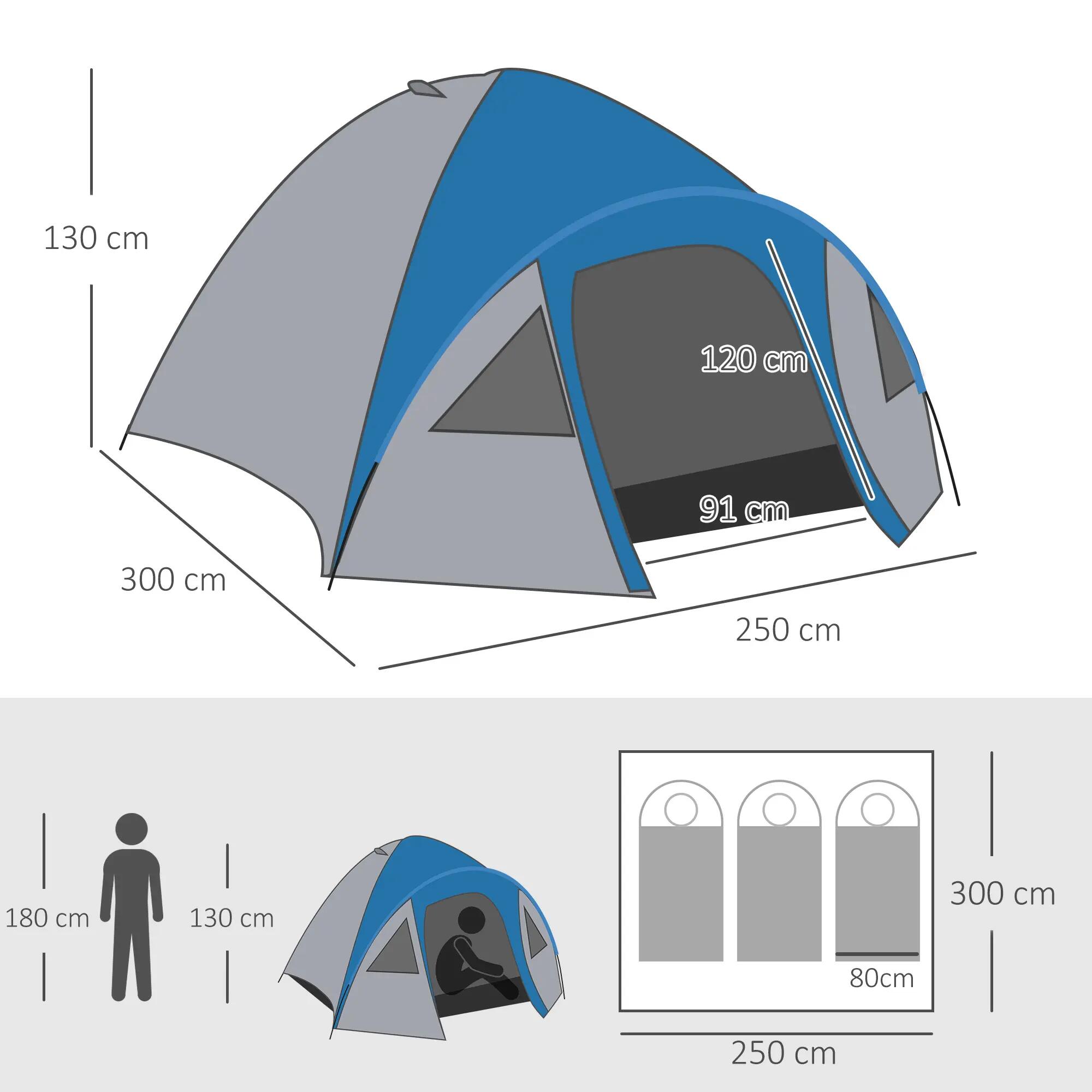 Tente dôme - Camping - 3 places, imperméable 2000 mm - Bleu 5/6