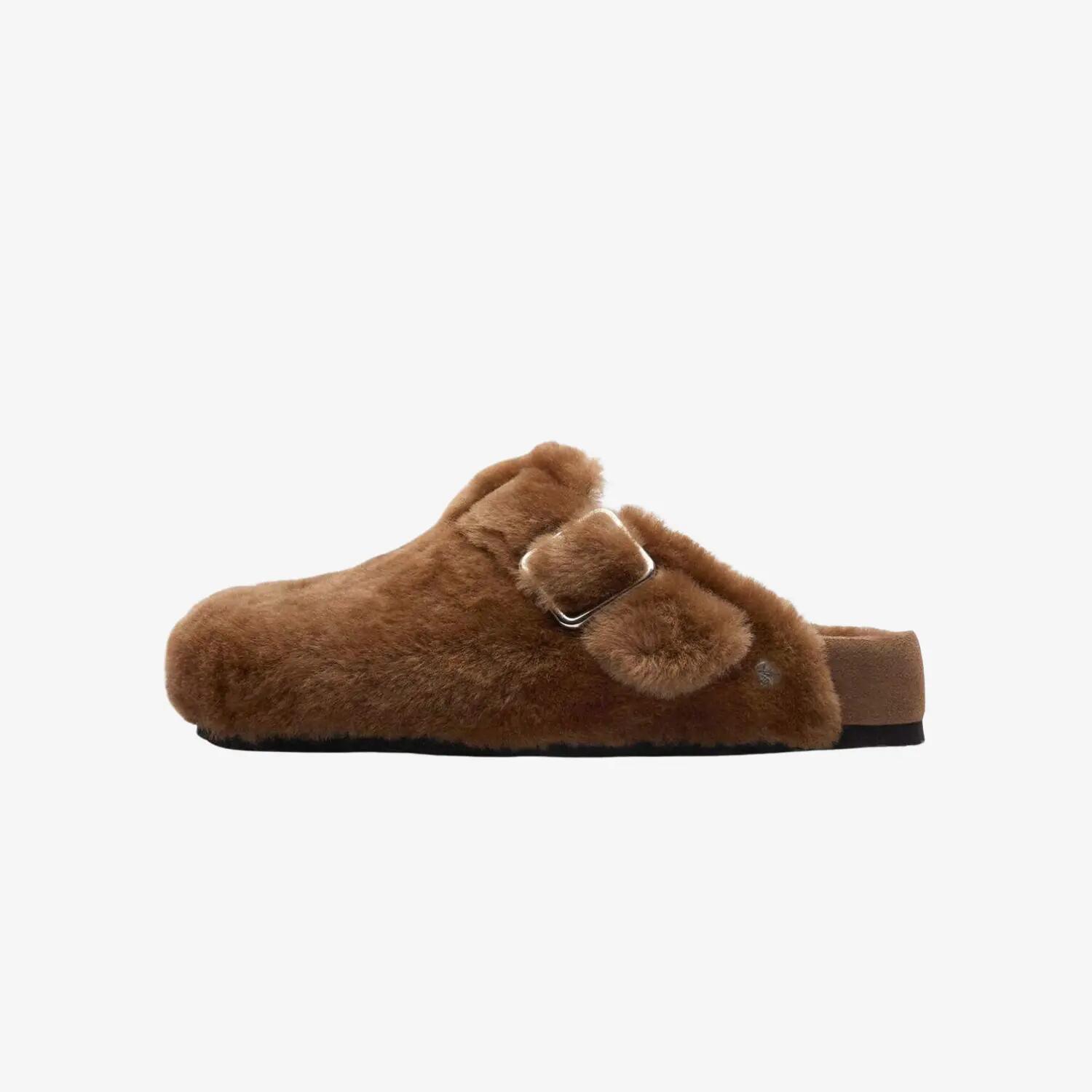 Birkenstock Boston cu blană pentru bărbați, papuci tip clog, culoare caramel