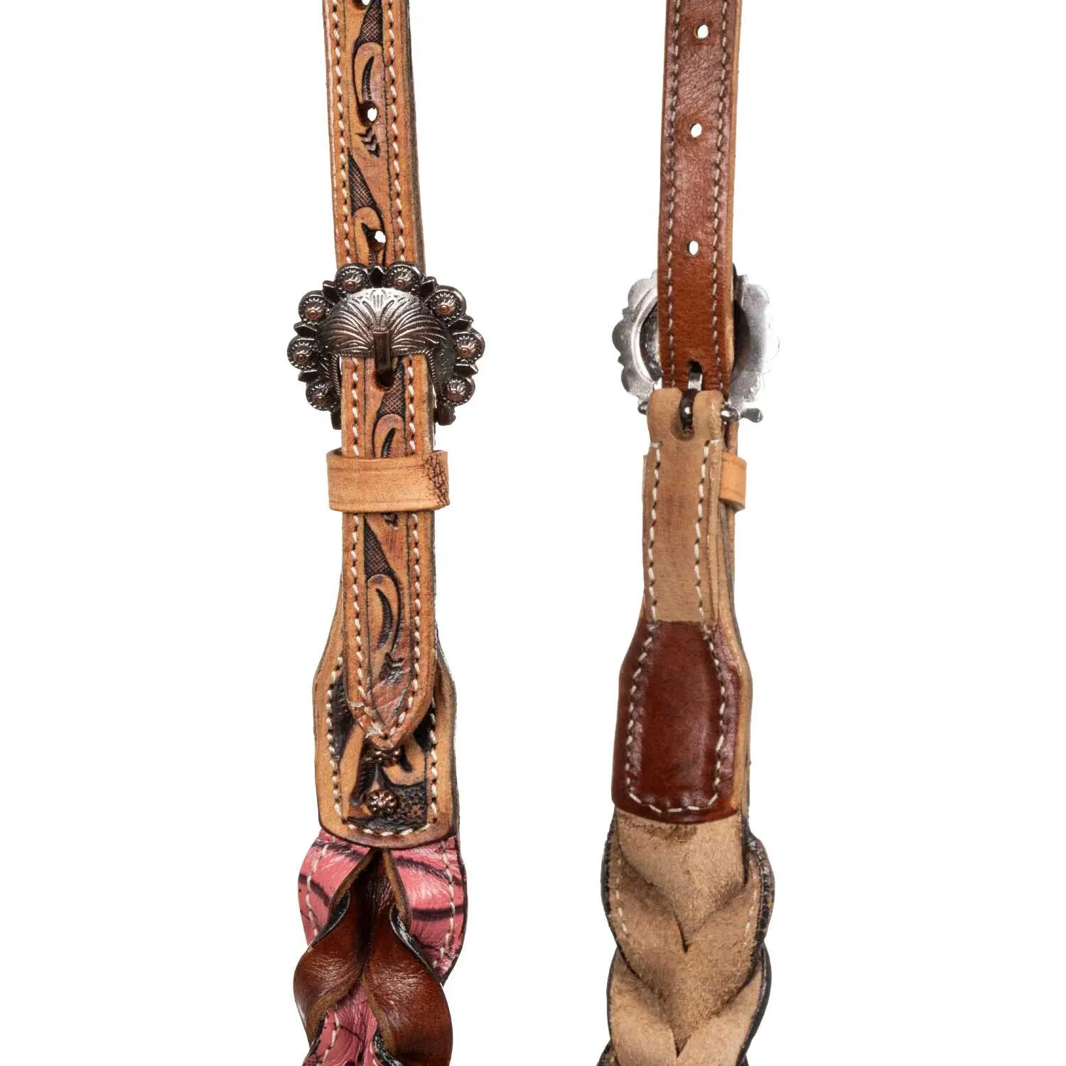 Testière une oreille avec décorations en cuir tressé 3/4