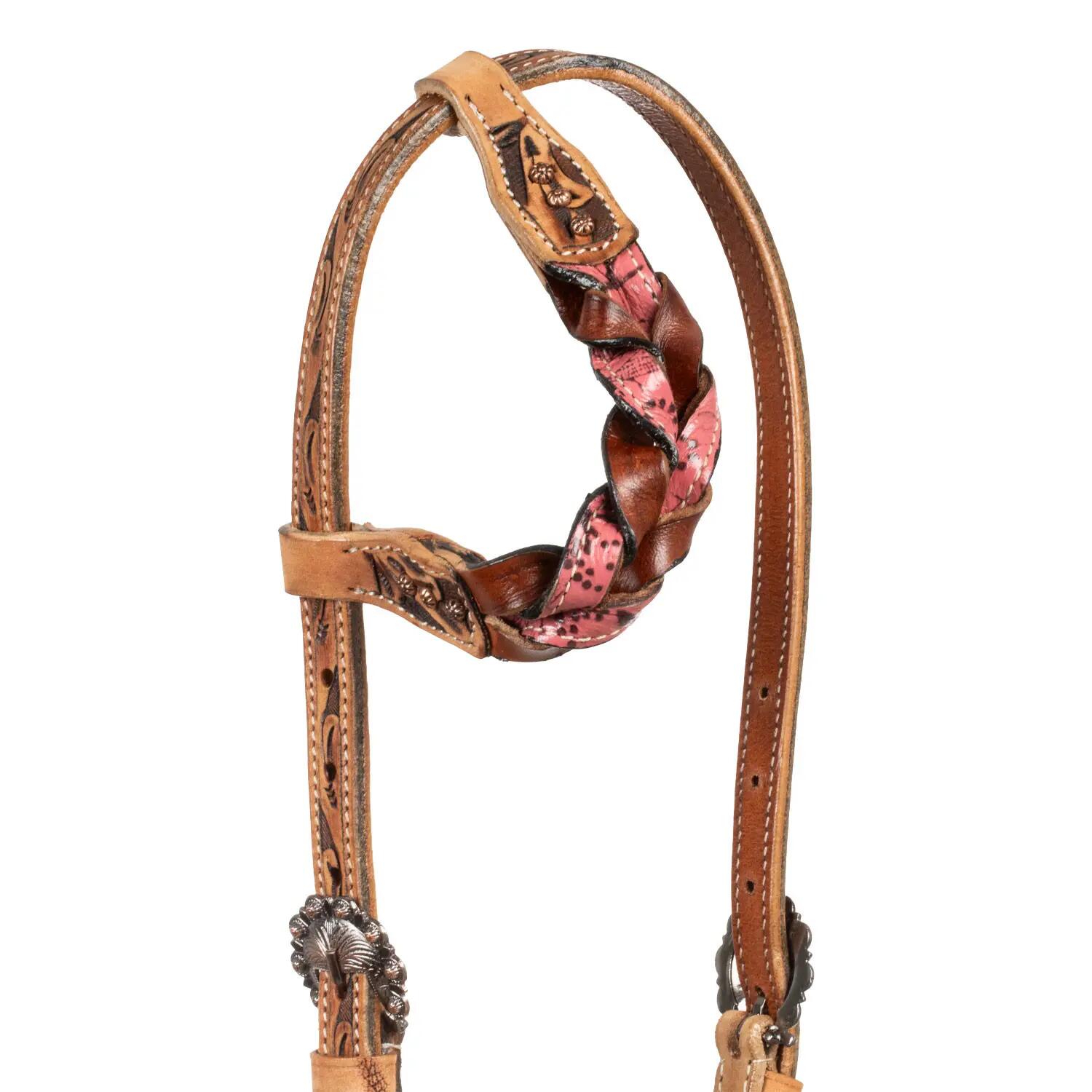 Testière une oreille avec décorations en cuir tressé 2/4