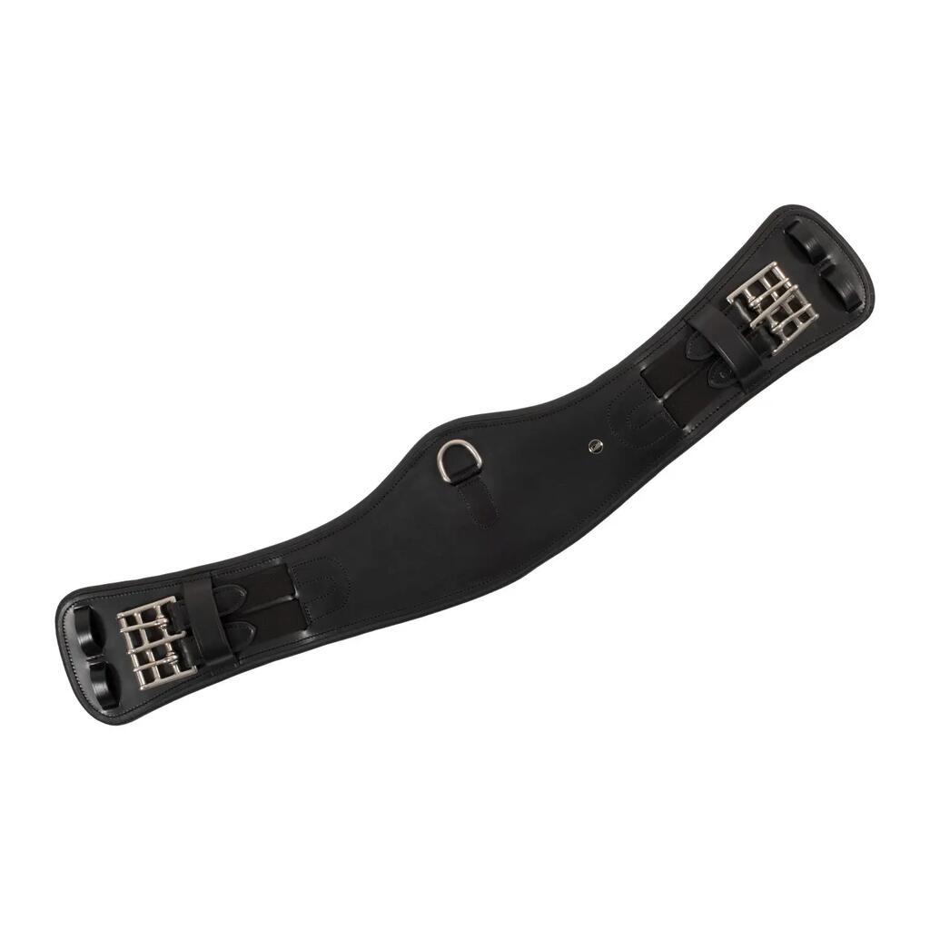 Contoured leather dressage girth with logo pin