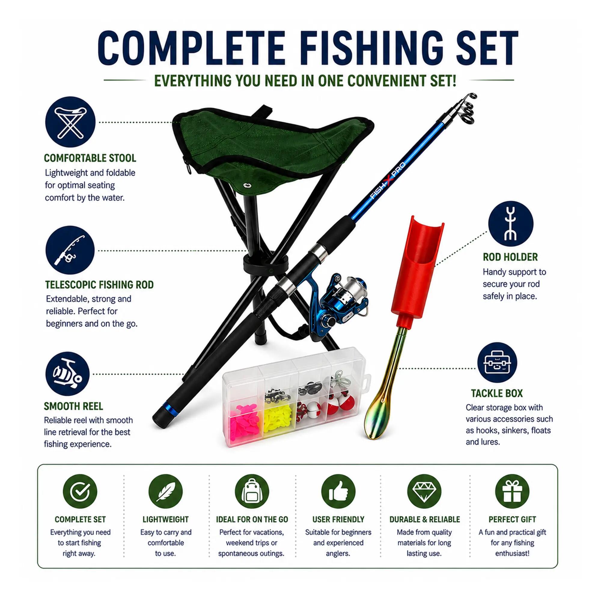 Fish-Xpro Ensemble de Pêche Firefly - Canne 2,10 m - Moulinet et Chaise 6/7