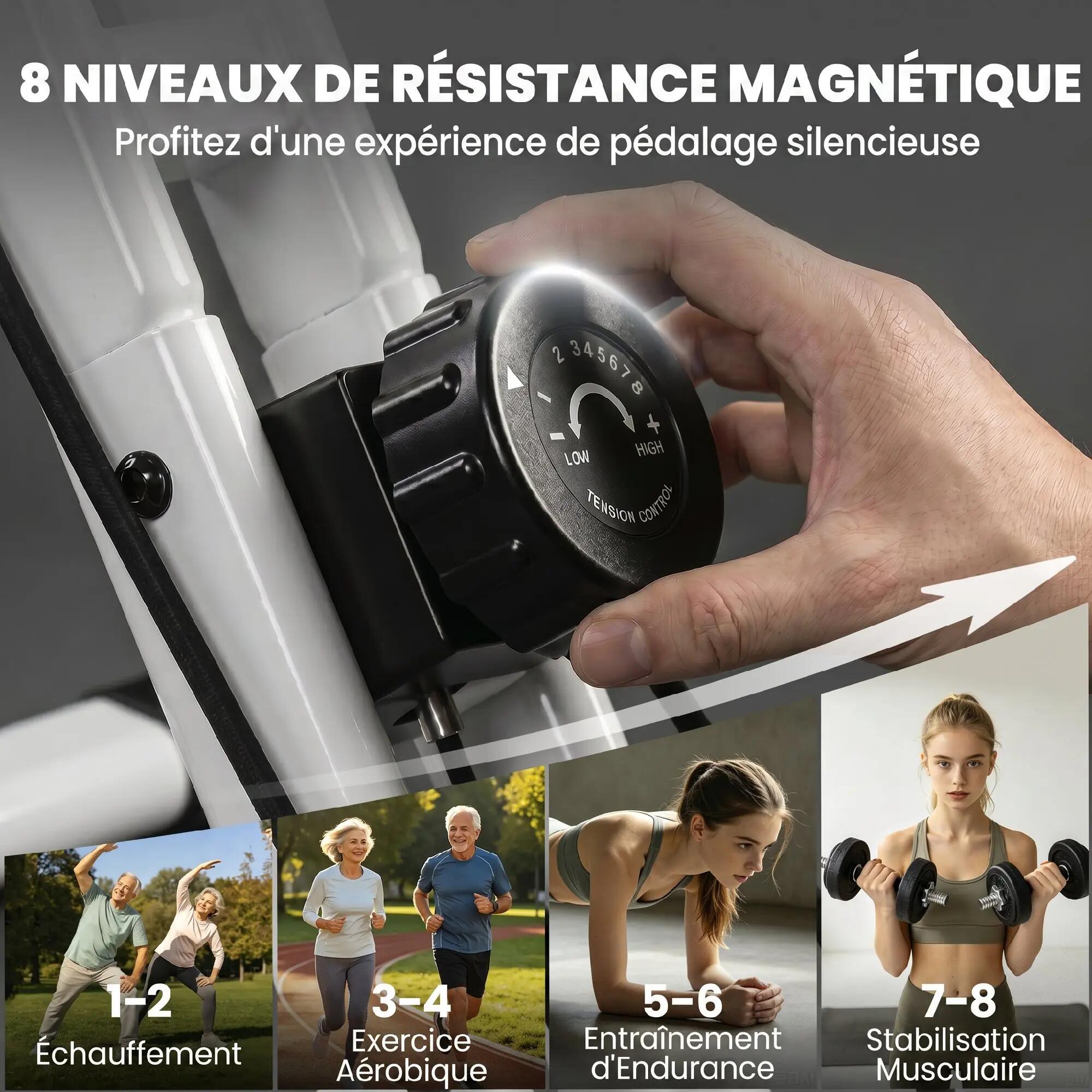 Vélo d'Appartement  - Pliable Silencieux 8 Niveaux - Blanc 6/9