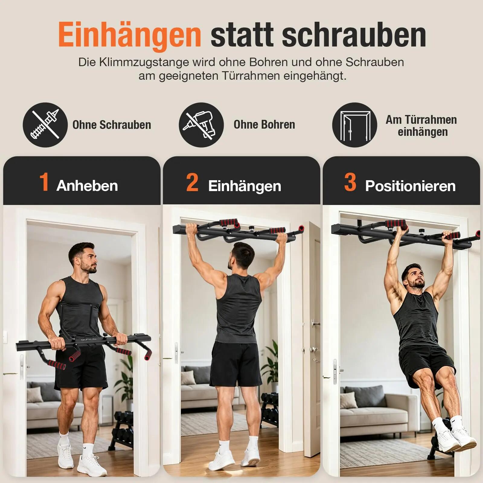 Klimmzugstange Türrahmen ohne Schrauben, 4 Handgriffe, bis 200kg 3/8