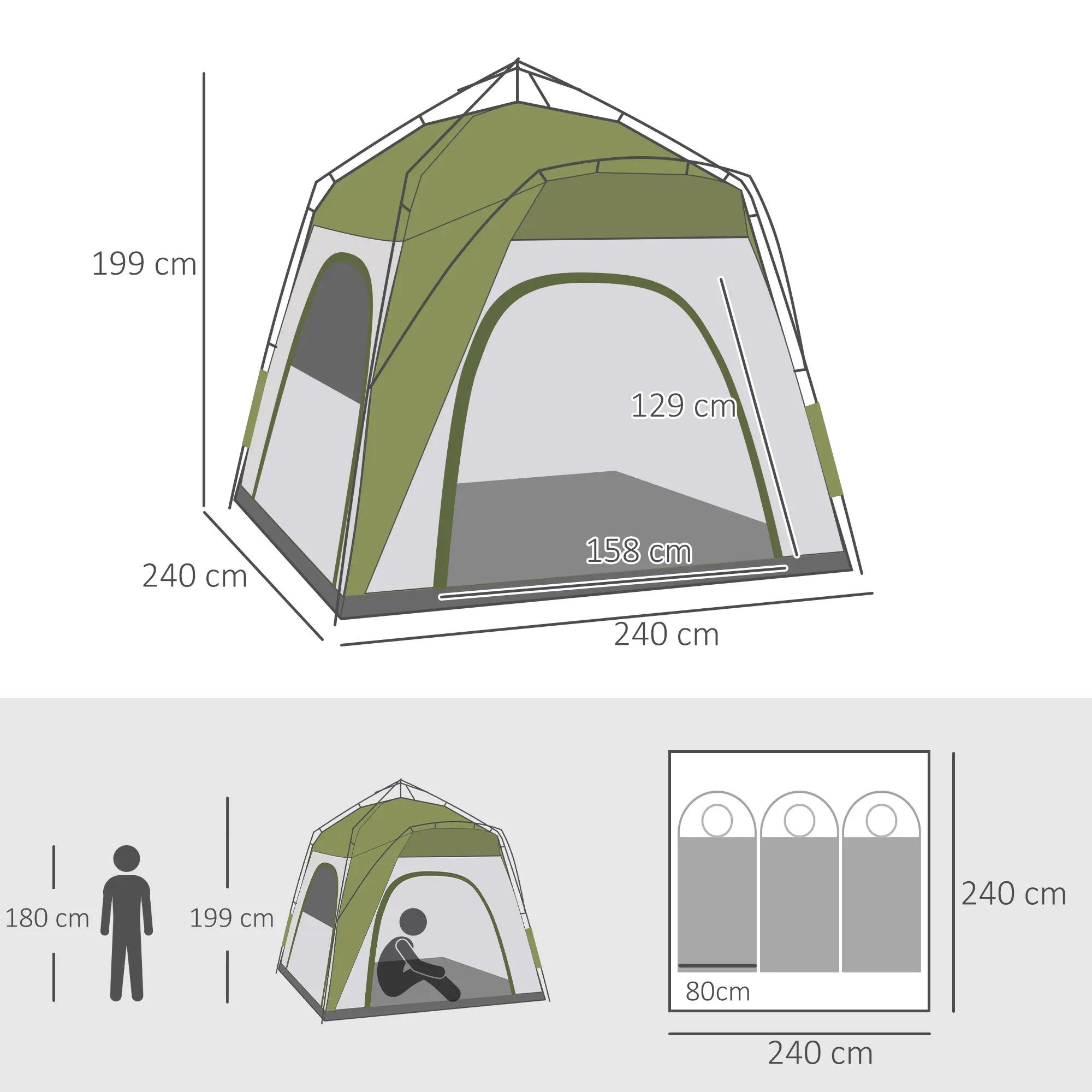 Tente pop-up - Camping - 3 places, 4 portes, H 1,9 m - Vert/Gris 5/6