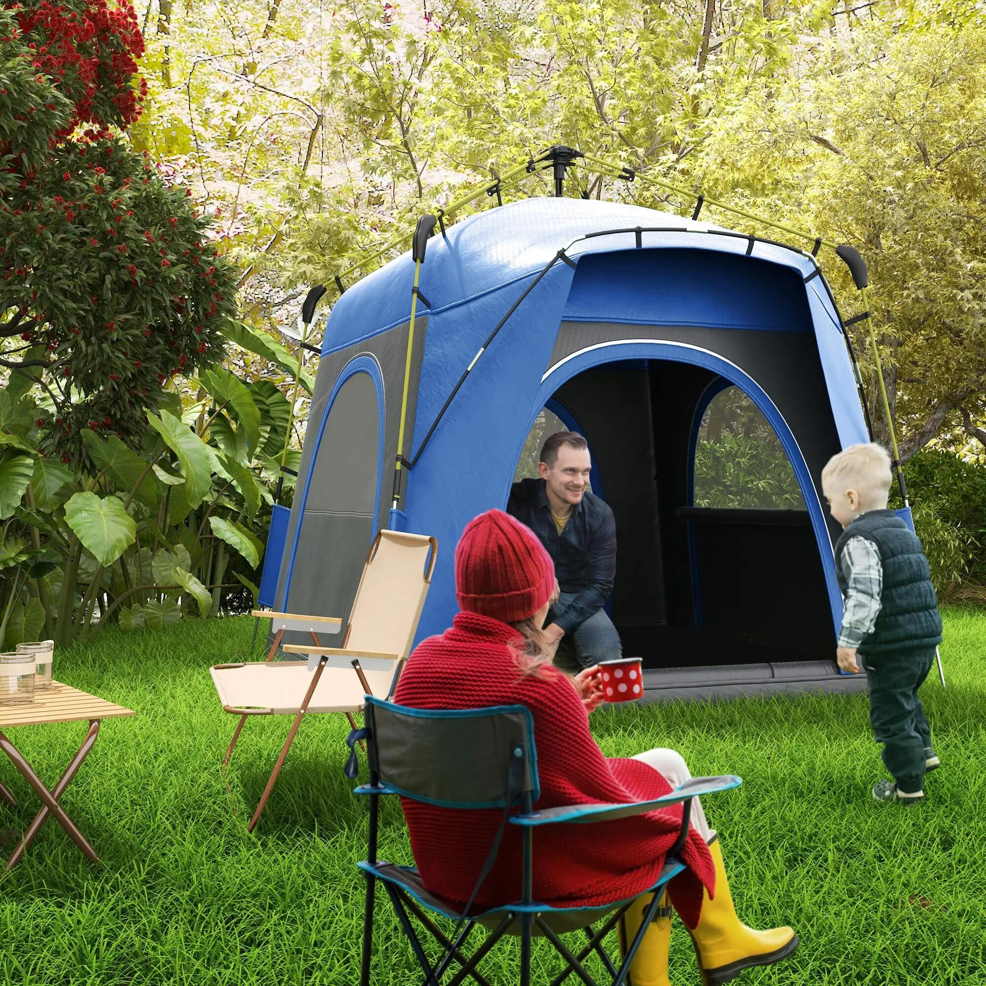 Tente pop-up dôme - Camping - 4 places, 4 portes - Bleu 3/6