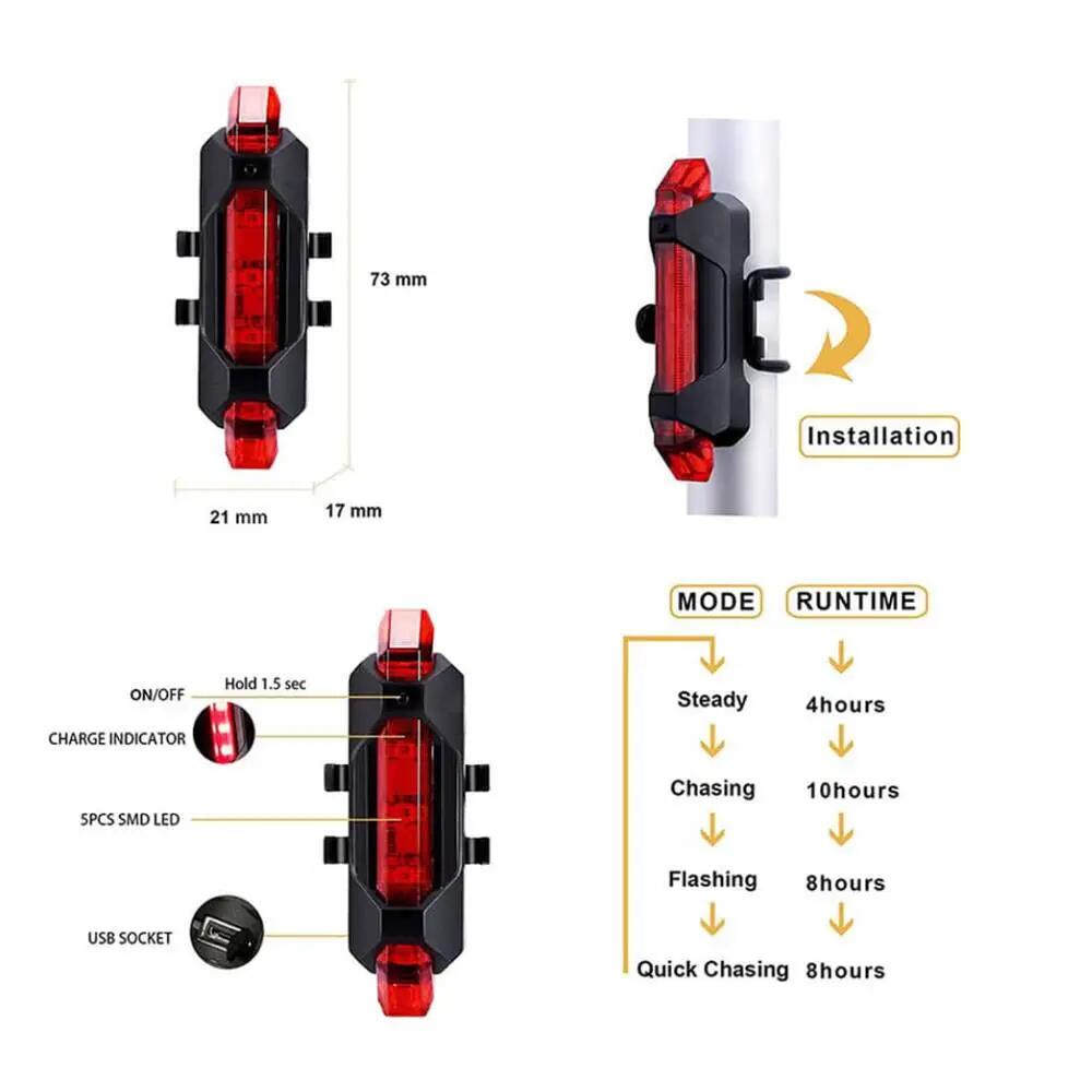 Lampka rowerowa tylna LED USB – wodoodporna, 4 tryby ROXAR 2/5