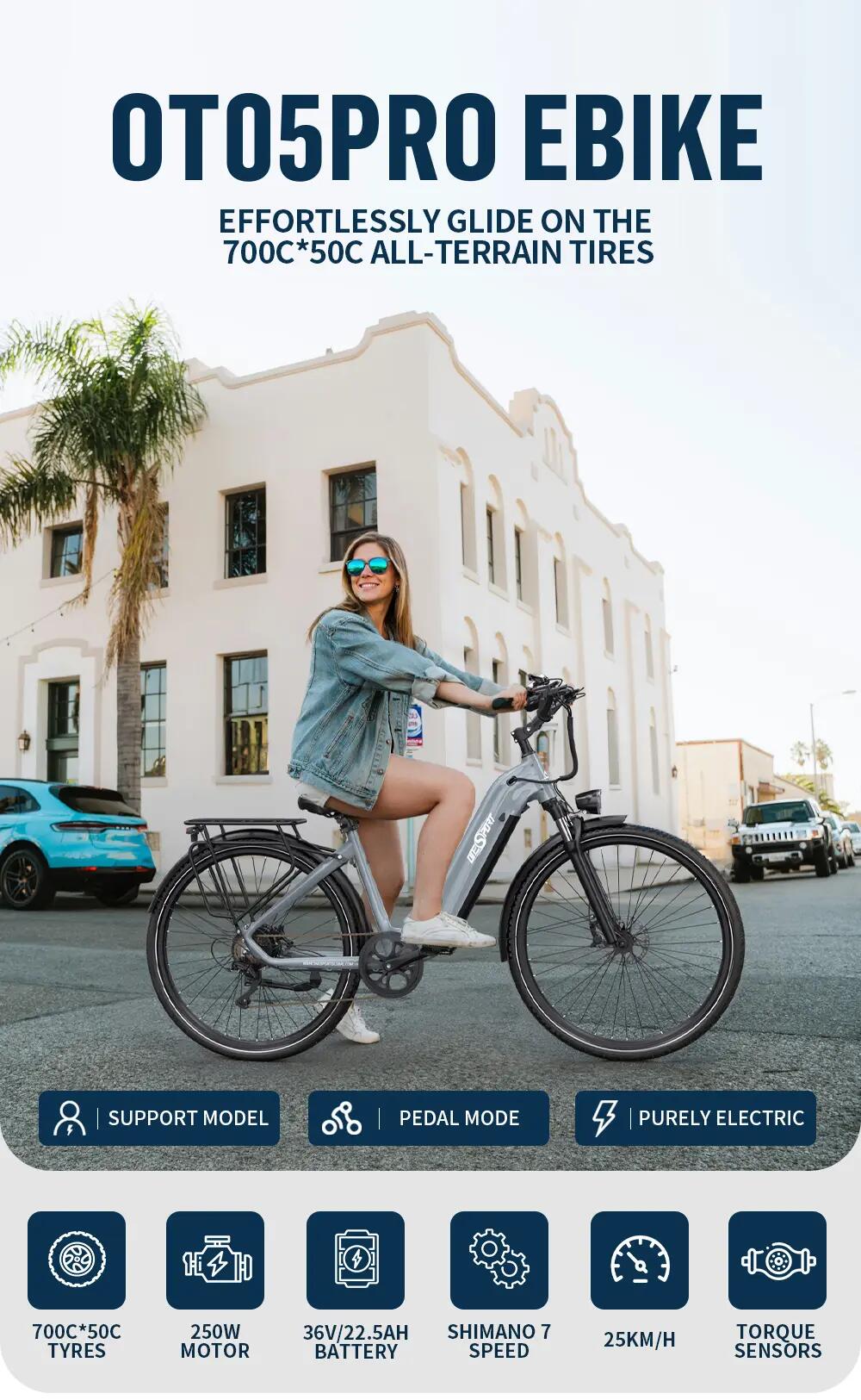 Bicicleta Eléctrica Urbana ONESPORT OT05 Pro｜Motor 250W｜Batería 36V 22.5Ah 4/11