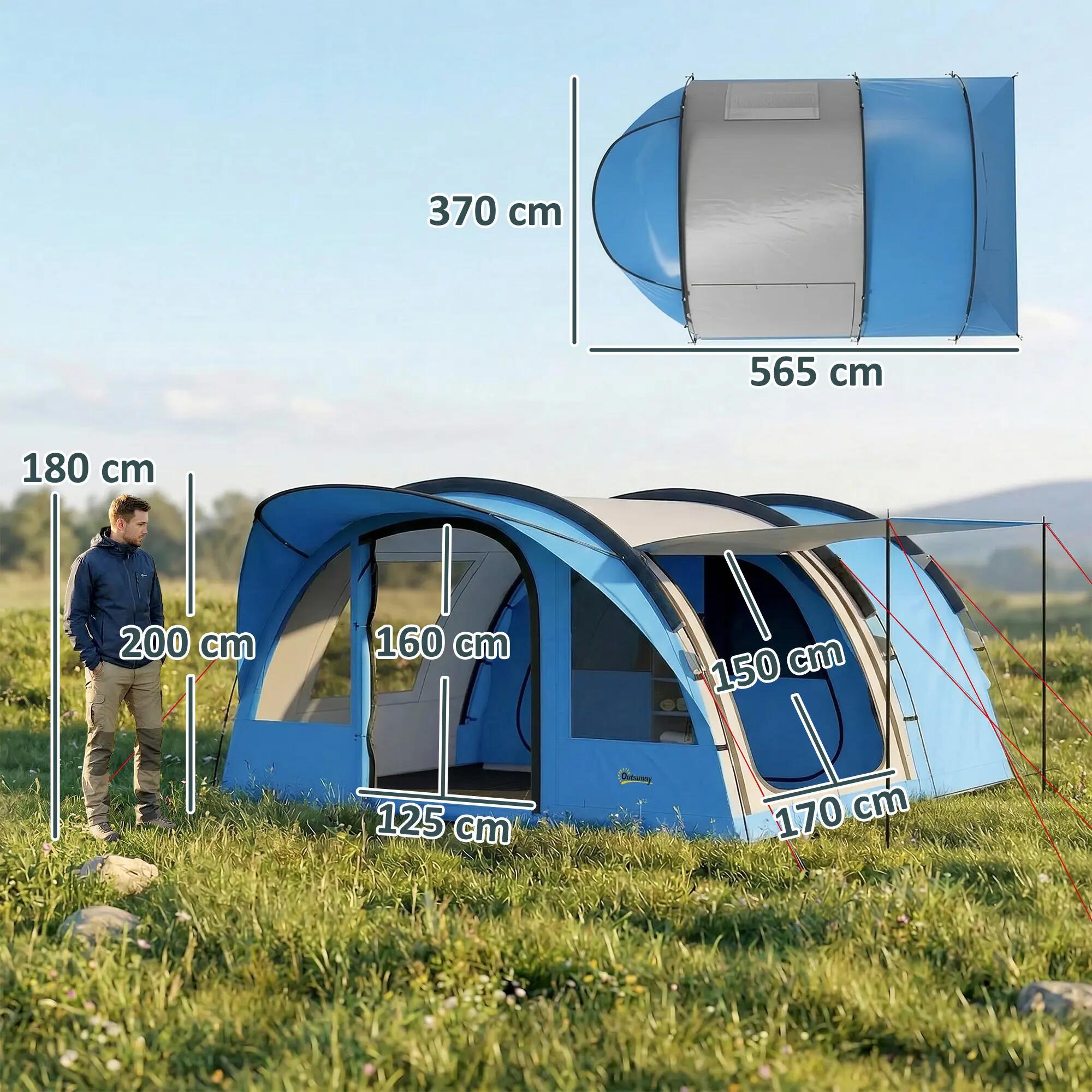 Tente tunnel - camping - 3-4 saisons, 2 chambres, séjour - bleu 5/6