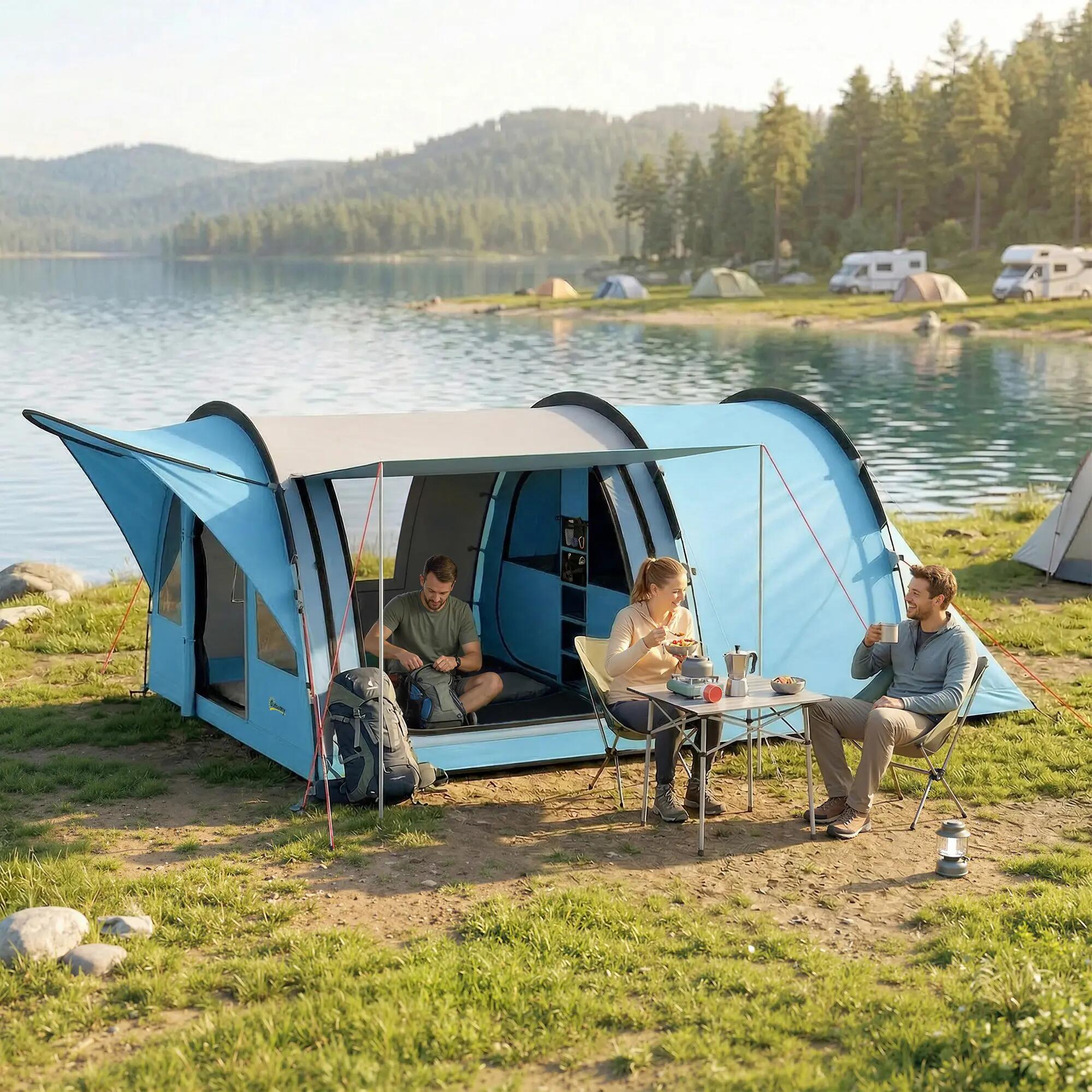 Tente tunnel - camping - 3-4 saisons, 2 chambres, séjour - bleu 4/6