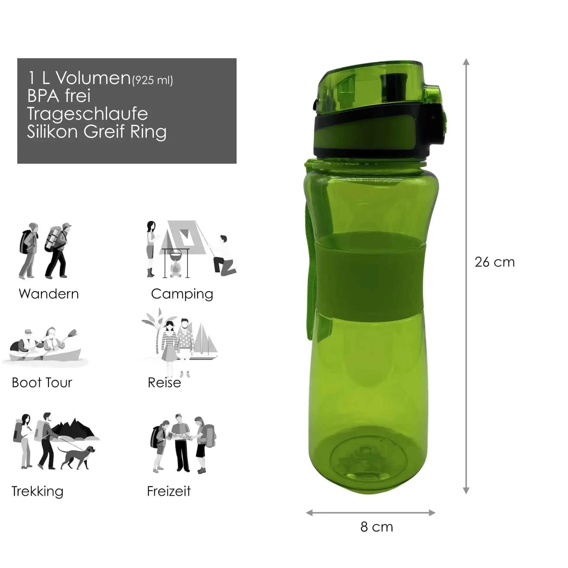 Trinkflasche mit 1 L Volumen grün auslaufsicher Sportflasche Schule Freizeit 3/7