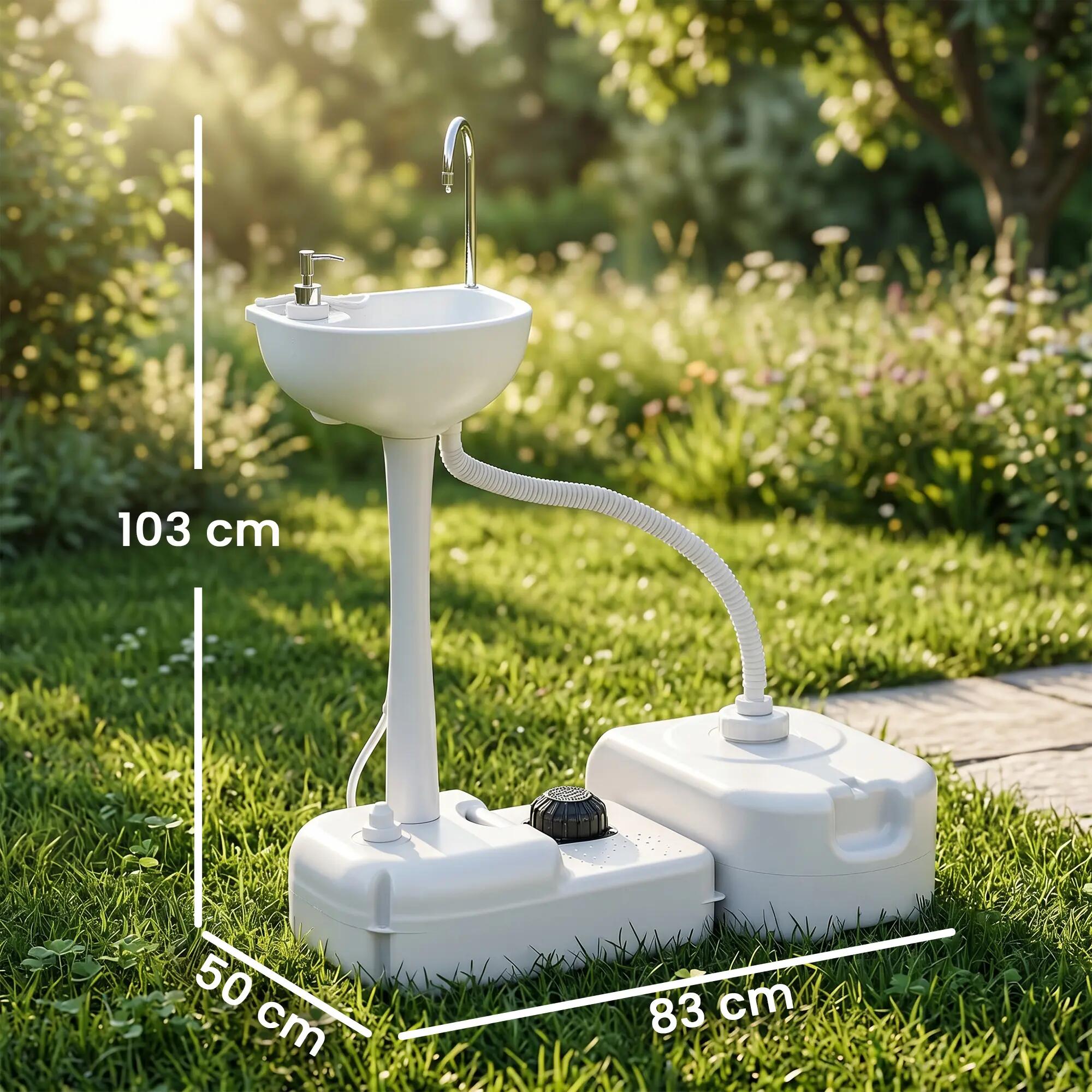 Évier portable - camping - pompe à pied et roulettes - gris 5/6