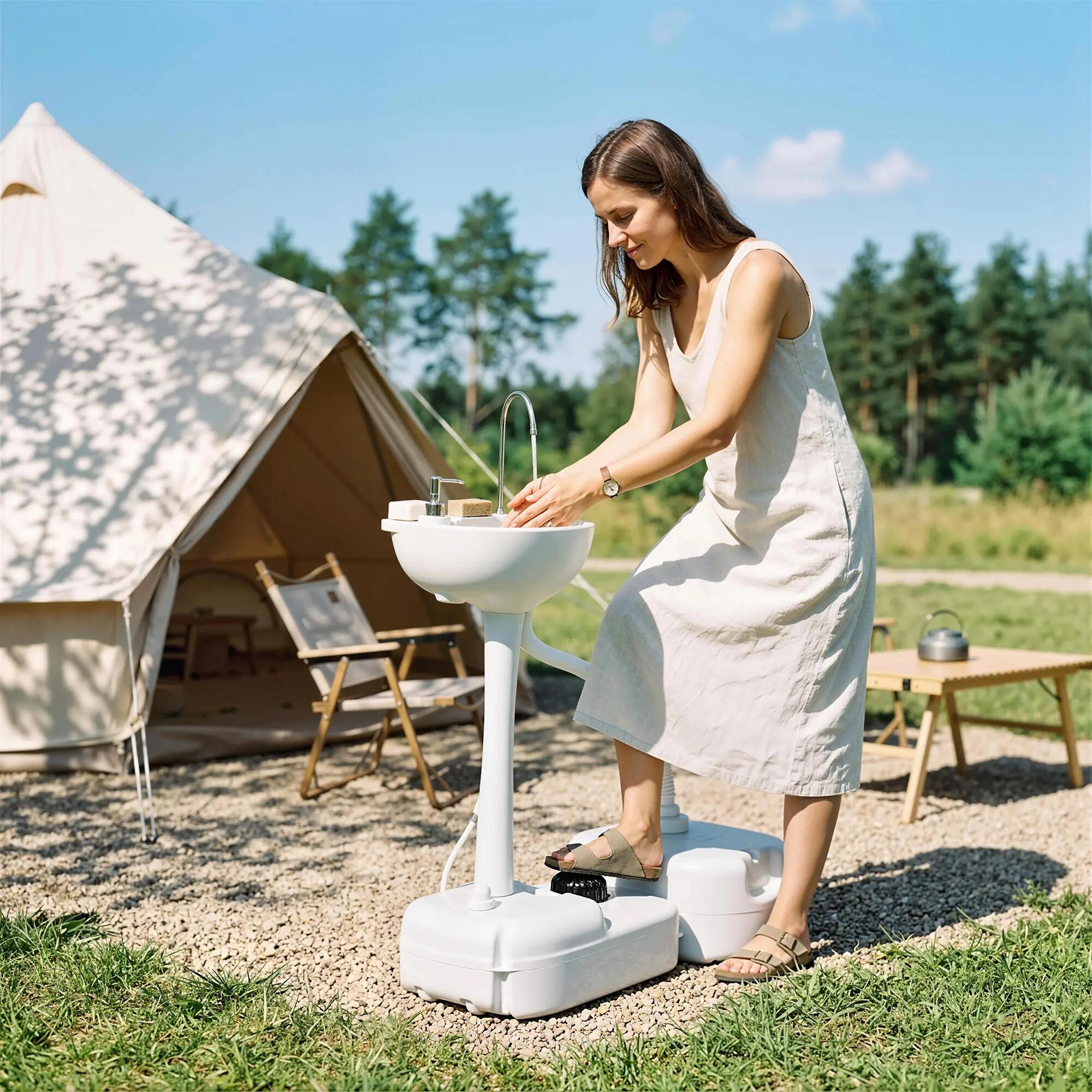 Évier portable - camping - pompe à pied et roulettes - gris 4/6