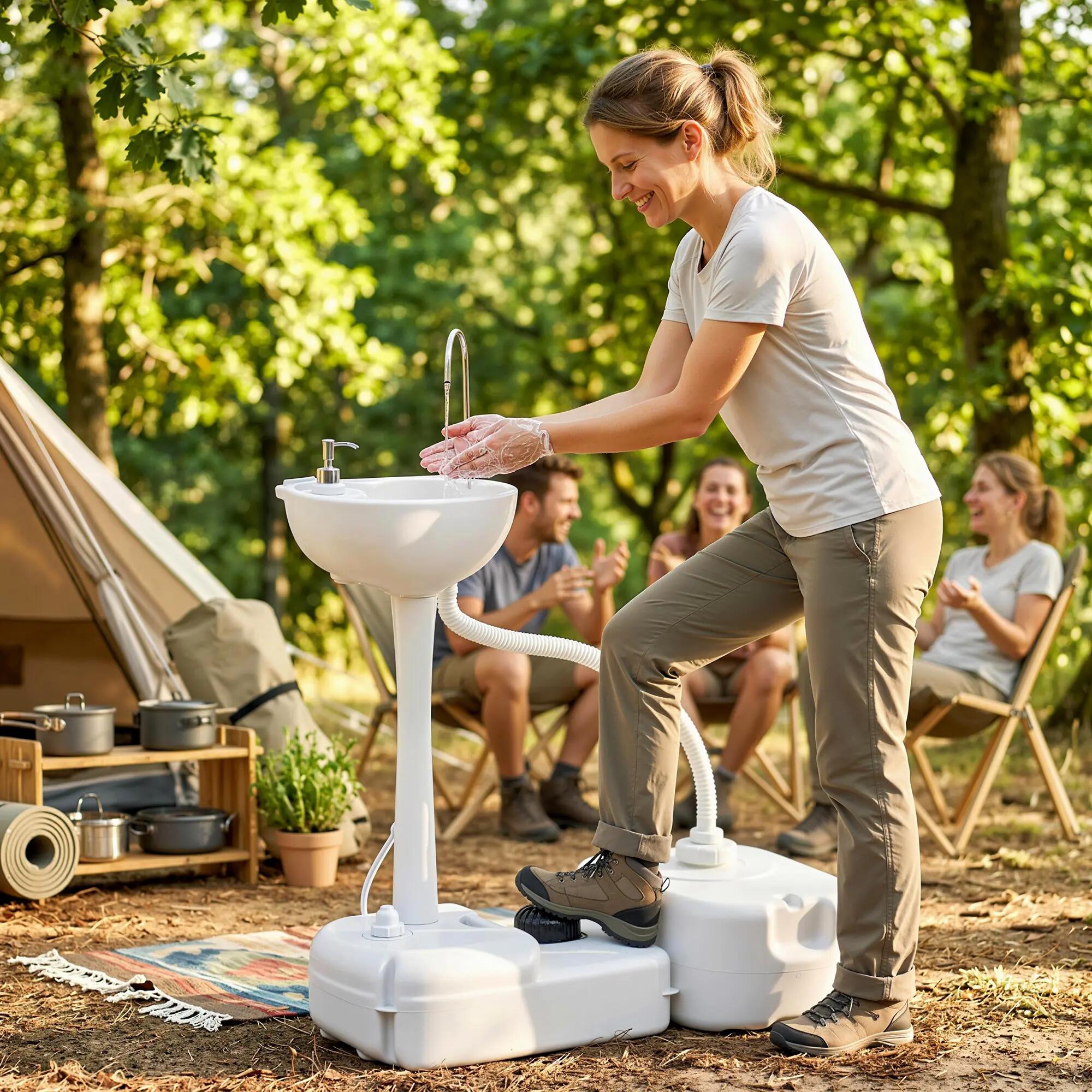 Évier portable - camping - pompe à pied et roulettes - gris 3/6