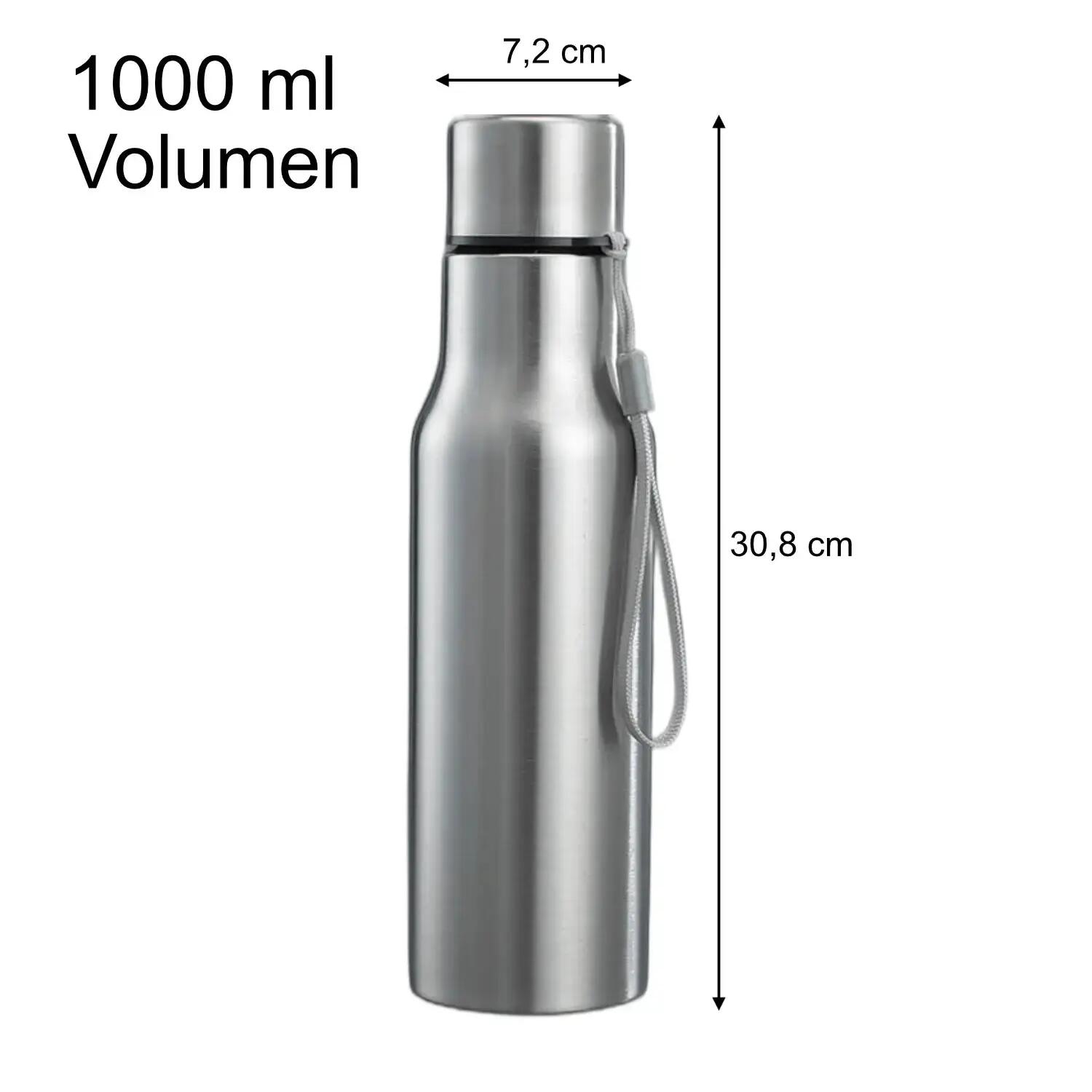 Trinkflasche Edelstahl 1000 ml Kohlensäure geeignet. Flasche mit Trageschlaufe 3/6