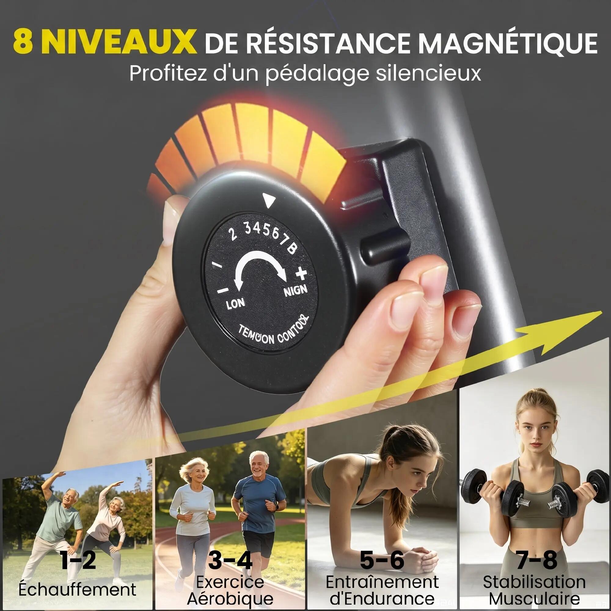 Vélo d'appartement semi-allongé avec roulettes, résistance magnétique et siège 6/9