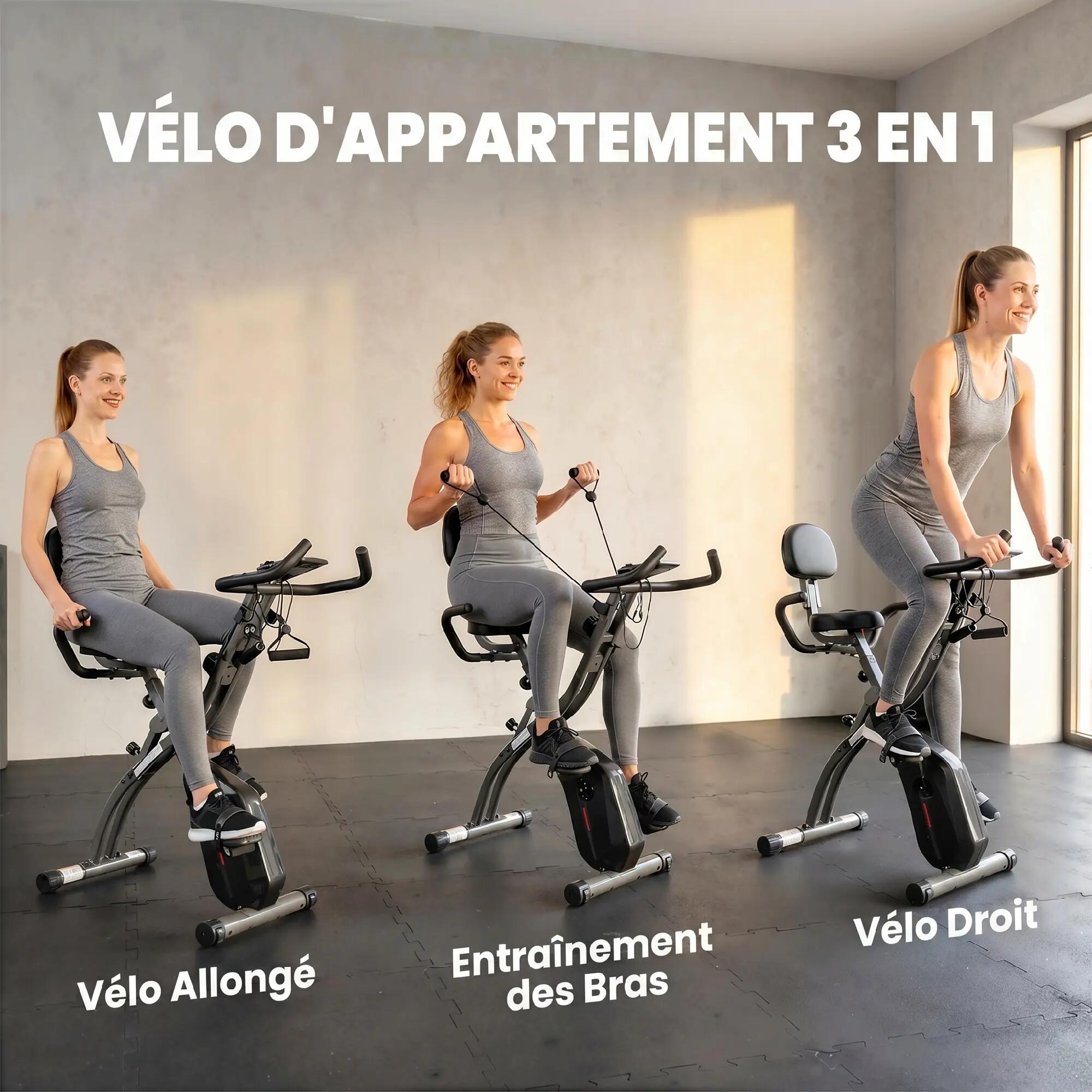 Vélo d'exercice pliable 3 en 1 avec bandes de résistance, application Bluetooth, 6/9