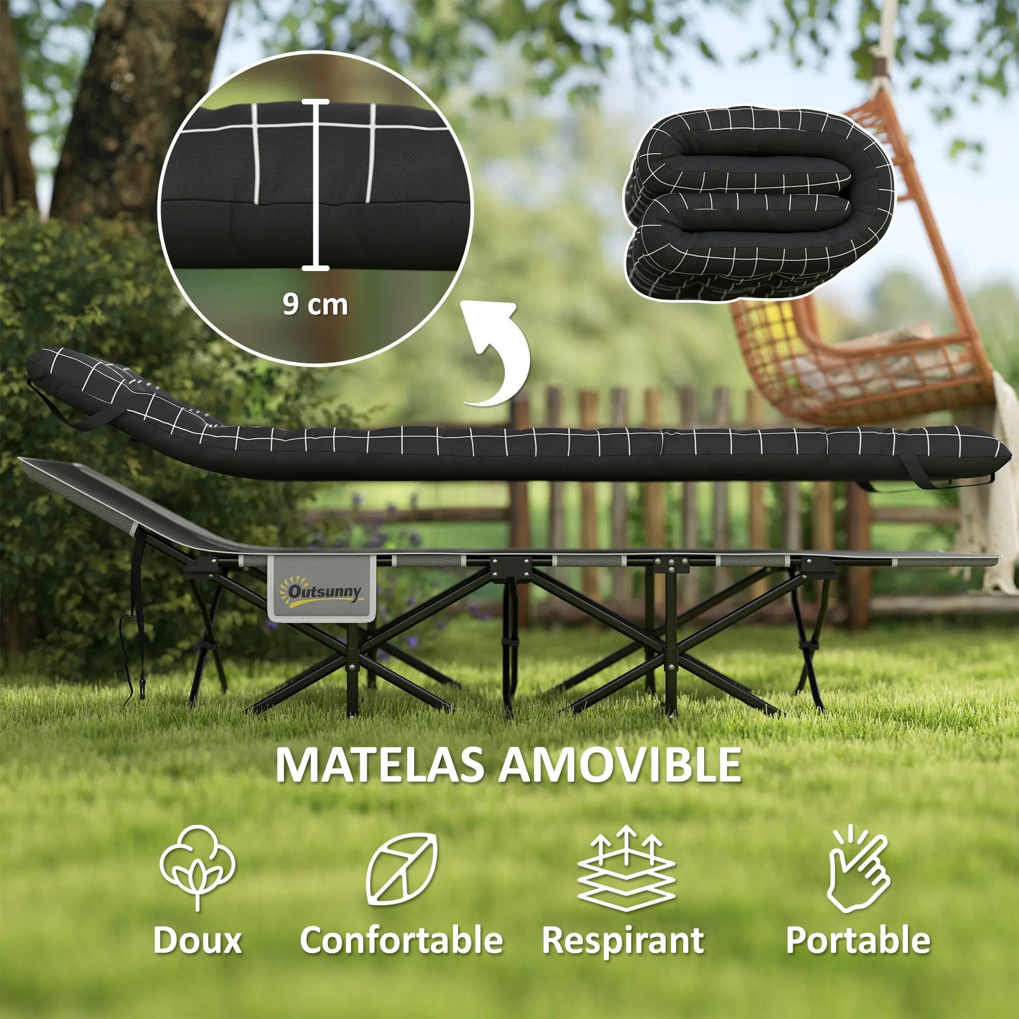 Lit de camp - Camping - Unisexe - Pliable, Matelas 9 cm, Tissu Oxford - Noir 6/6