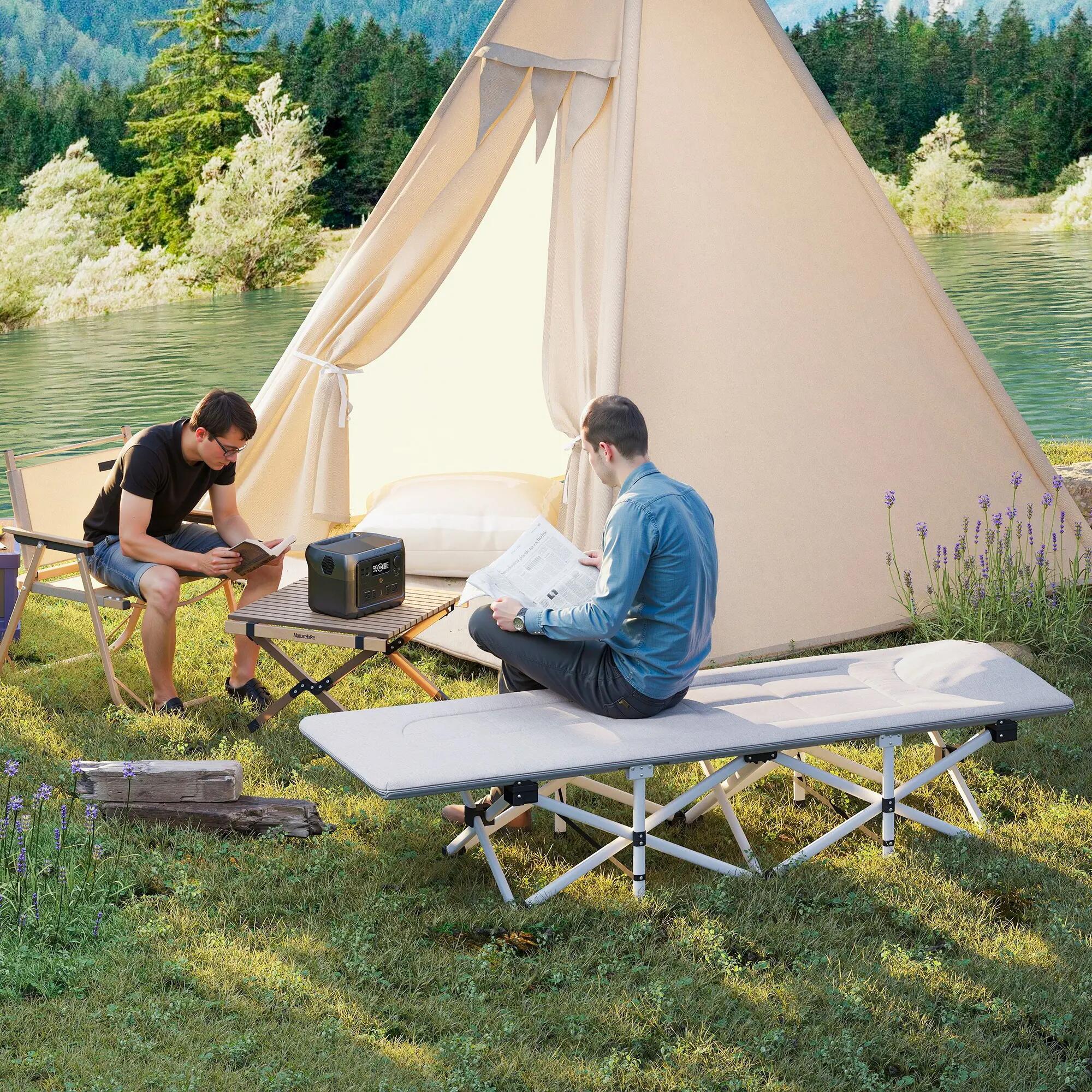 Lit de camping - Camping - Unisexe - Pliable, Matelas mousse, Appui‑tête - Gris 3/6